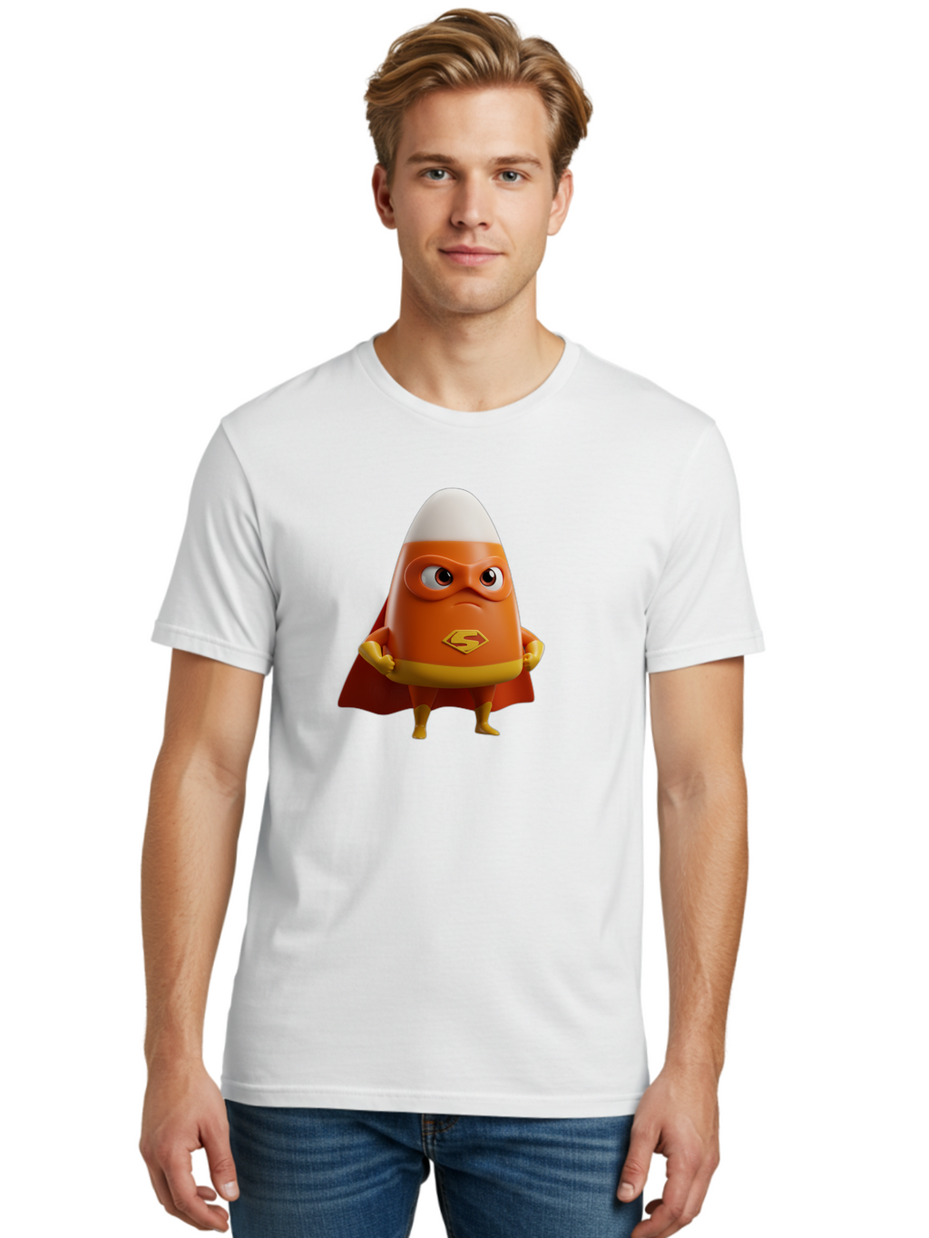 Candy-Corn-Superhero Men'S Graphic Tee, 100% Cotton, Comfortable Casual Summer Wear, Machine Washable, Candy Corn Character, Superman Costume, Superhero Theme, Cartoon Style, Orange And Yellow, Playful Design, 3D Illustration, Bac777