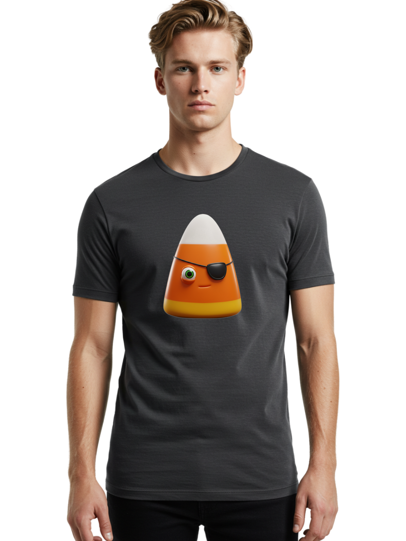 Candy-Corn-With-Eye-Patch Men'S Graphic Tee, 100% Cotton, Comfortable Casual Summer Wear, Machine Washable, Candy Corn Cartoon Character, Halloween Candy, Pirate-Themed Sweets, Sweet Treats, Colorful Candy, Fun Halloween, Cartoon Graphics, Bac778