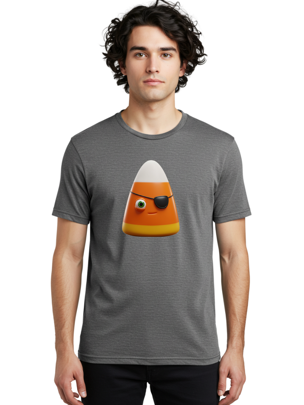 Candy-Corn-With-Eye-Patch Men'S Graphic Tee, 100% Cotton, Comfortable Casual Summer Wear, Machine Washable, Candy Corn Cartoon Character, Halloween Candy, Pirate-Themed Sweets, Sweet Treats, Colorful Candy, Fun Halloween, Cartoon Graphics, Bac778