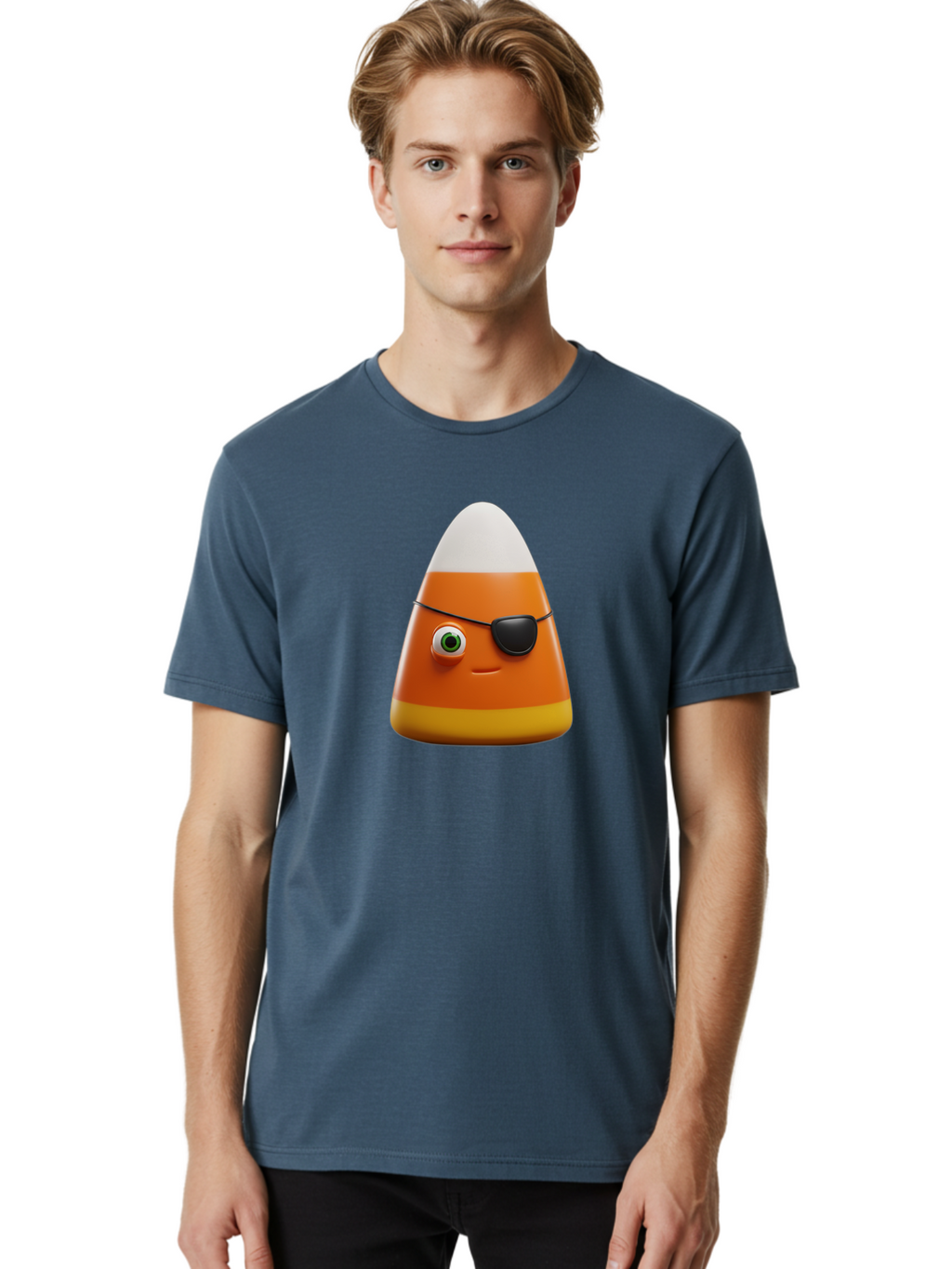 Candy-Corn-With-Eye-Patch Men'S Graphic Tee, 100% Cotton, Comfortable Casual Summer Wear, Machine Washable, Candy Corn Cartoon Character, Halloween Candy, Pirate-Themed Sweets, Sweet Treats, Colorful Candy, Fun Halloween, Cartoon Graphics, Bac778
