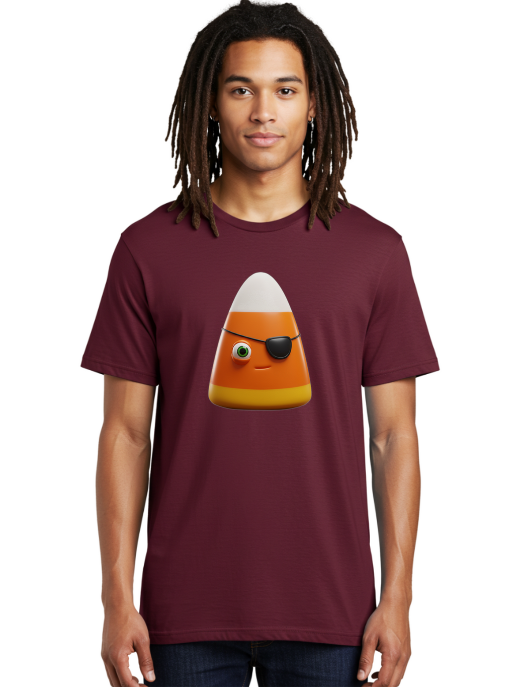 Candy-Corn-With-Eye-Patch Men'S Graphic Tee, 100% Cotton, Comfortable Casual Summer Wear, Machine Washable, Candy Corn Cartoon Character, Halloween Candy, Pirate-Themed Sweets, Sweet Treats, Colorful Candy, Fun Halloween, Cartoon Graphics, Bac778