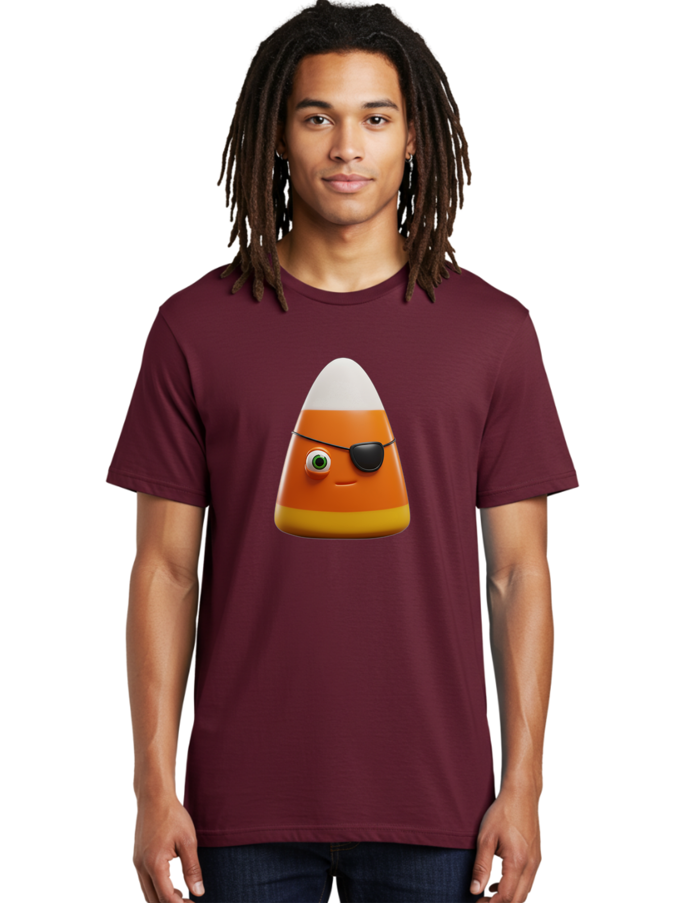Candy-Corn-With-Eye-Patch Men'S Graphic Tee, 100% Cotton, Comfortable Casual Summer Wear, Machine Washable, Candy Corn Cartoon Character, Halloween Candy, Pirate-Themed Sweets, Sweet Treats, Colorful Candy, Fun Halloween, Cartoon Graphics, Bac778
