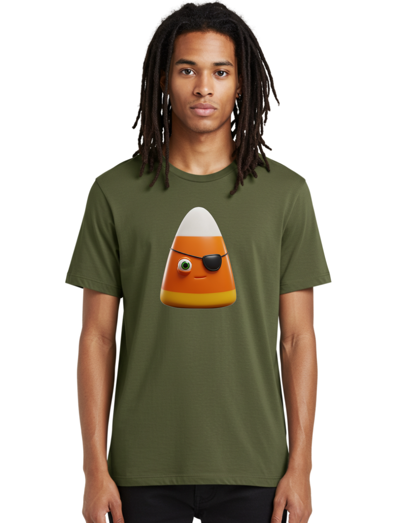 Candy-Corn-With-Eye-Patch Men'S Graphic Tee, 100% Cotton, Comfortable Casual Summer Wear, Machine Washable, Candy Corn Cartoon Character, Halloween Candy, Pirate-Themed Sweets, Sweet Treats, Colorful Candy, Fun Halloween, Cartoon Graphics, Bac778