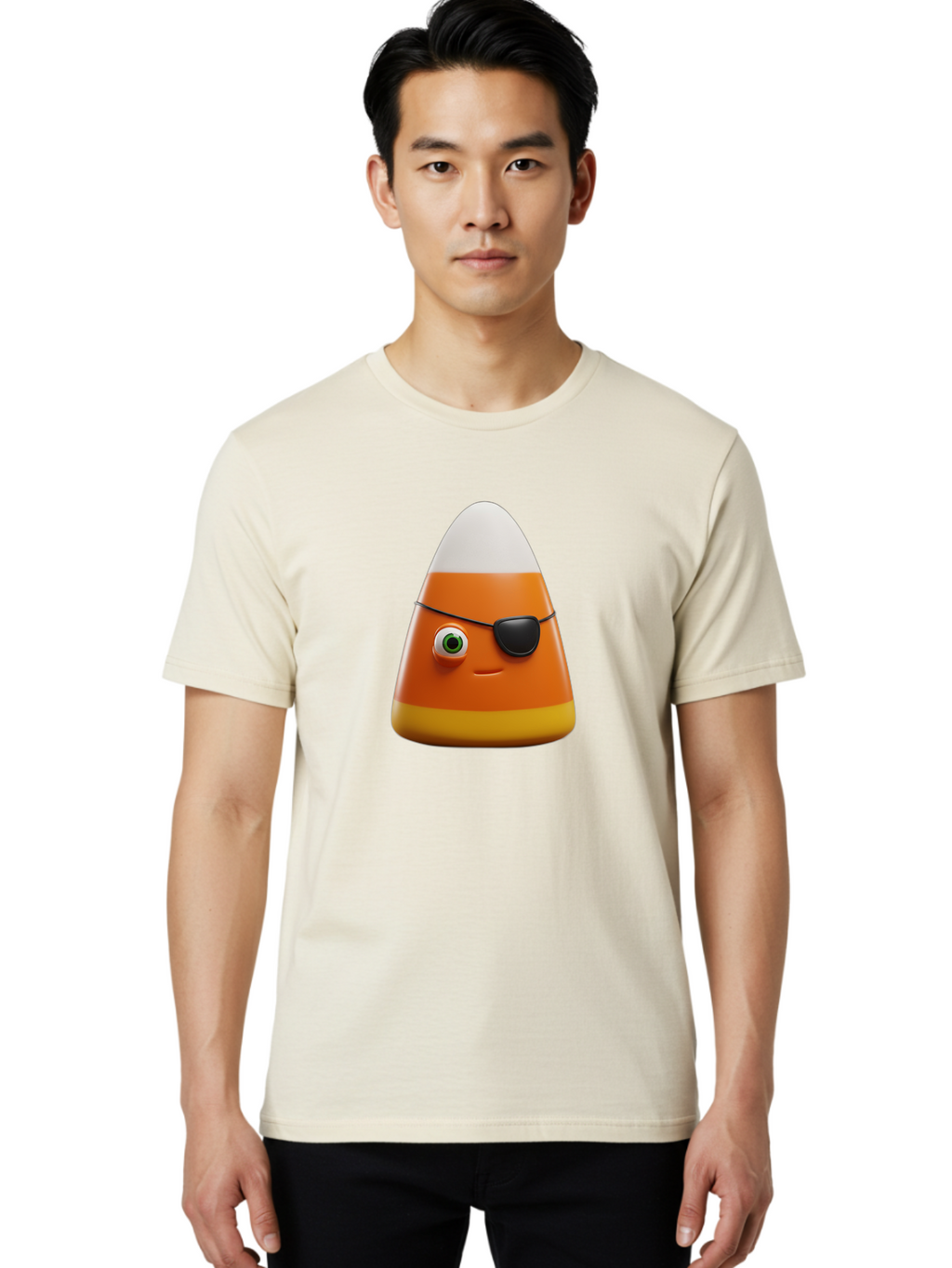 Candy-Corn-With-Eye-Patch Men'S Graphic Tee, 100% Cotton, Comfortable Casual Summer Wear, Machine Washable, Candy Corn Cartoon Character, Halloween Candy, Pirate-Themed Sweets, Sweet Treats, Colorful Candy, Fun Halloween, Cartoon Graphics, Bac778