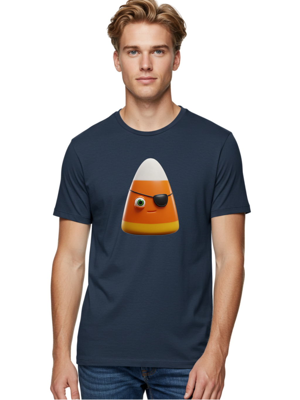 Candy-Corn-With-Eye-Patch Men'S Graphic Tee, 100% Cotton, Comfortable Casual Summer Wear, Machine Washable, Candy Corn Cartoon Character, Halloween Candy, Pirate-Themed Sweets, Sweet Treats, Colorful Candy, Fun Halloween, Cartoon Graphics, Bac778