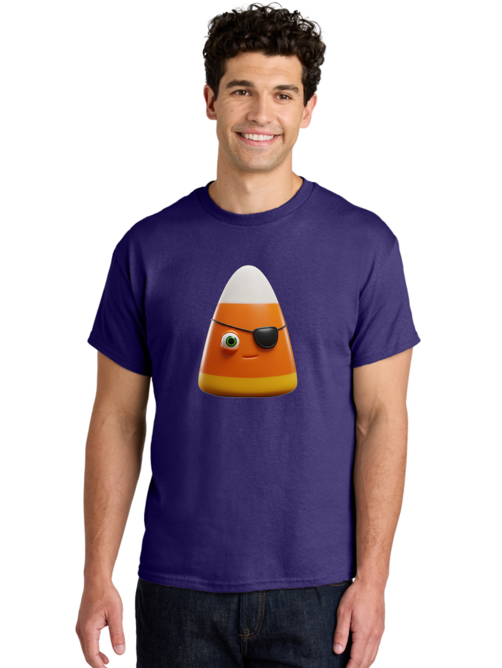 Candy-Corn-With-Eye-Patch Men'S Graphic Tee, 100% Cotton, Comfortable Casual Summer Wear, Machine Washable, Candy Corn Cartoon Character, Halloween Candy, Pirate-Themed Sweets, Sweet Treats, Colorful Candy, Fun Halloween, Cartoon Graphics, Bac778