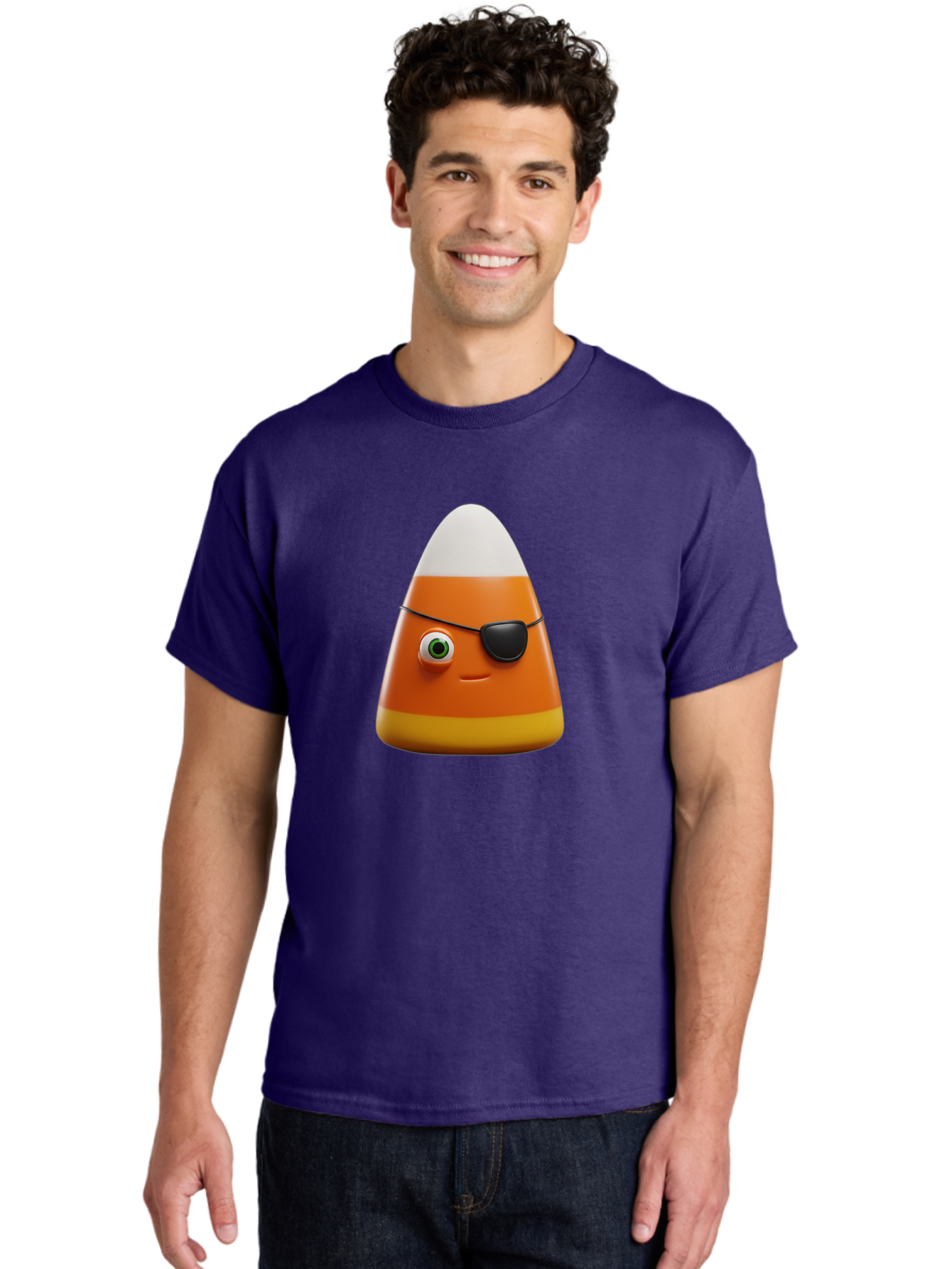 Candy-Corn-With-Eye-Patch Men'S Graphic Tee, 100% Cotton, Comfortable Casual Summer Wear, Machine Washable, Candy Corn Cartoon Character, Halloween Candy, Pirate-Themed Sweets, Sweet Treats, Colorful Candy, Fun Halloween, Cartoon Graphics, Bac778