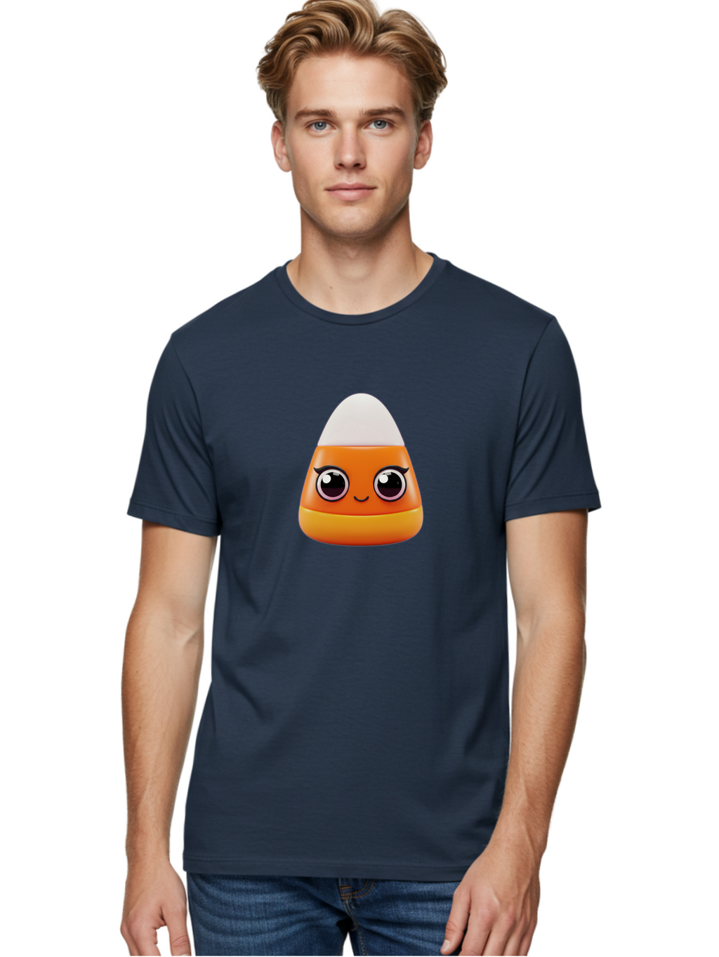 Candy-Corn Men'S Graphic Tee, 100% Cotton, Comfortable Casual Summer Wear, Machine Washable, Emotive Candy Corn, Cartoon Character, Halloween Treats, Sweet Treats, Festive Sweets, Candy Illustration, Adorable Graphics Bac779