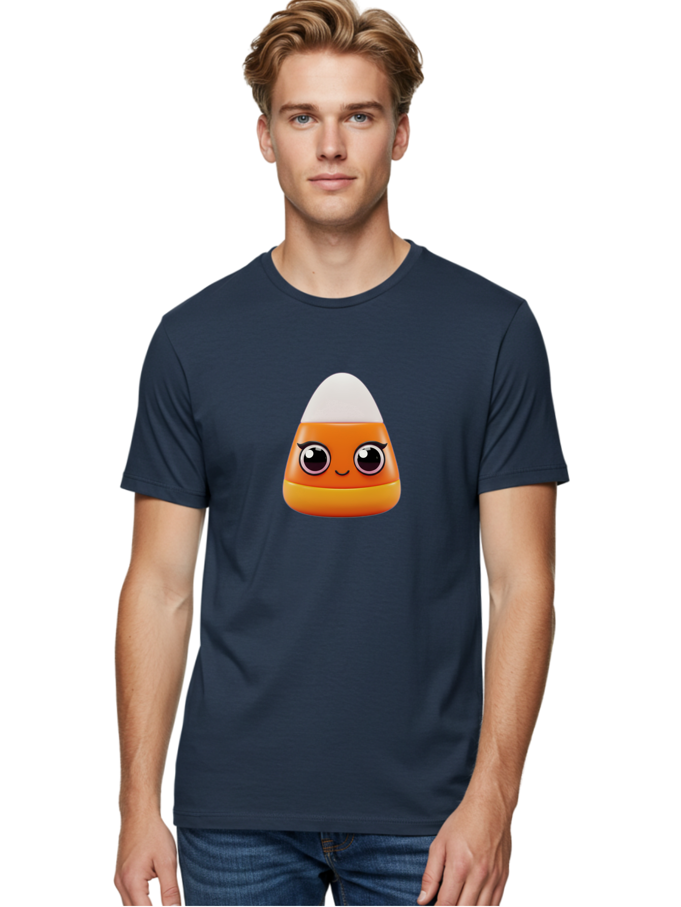 Candy-Corn Men'S Graphic Tee, 100% Cotton, Comfortable Casual Summer Wear, Machine Washable, Emotive Candy Corn, Cartoon Character, Halloween Treats, Sweet Treats, Festive Sweets, Candy Illustration, Adorable Graphics Bac779