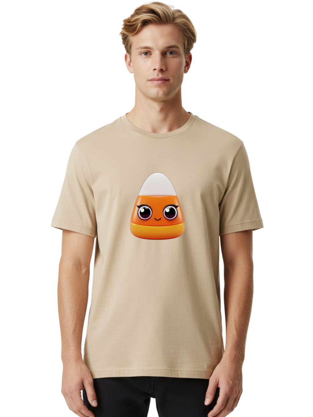 Candy-Corn Men'S Graphic Tee, 100% Cotton, Comfortable Casual Summer Wear, Machine Washable, Emotive Candy Corn, Cartoon Character, Halloween Treats, Sweet Treats, Festive Sweets, Candy Illustration, Adorable Graphics Bac779