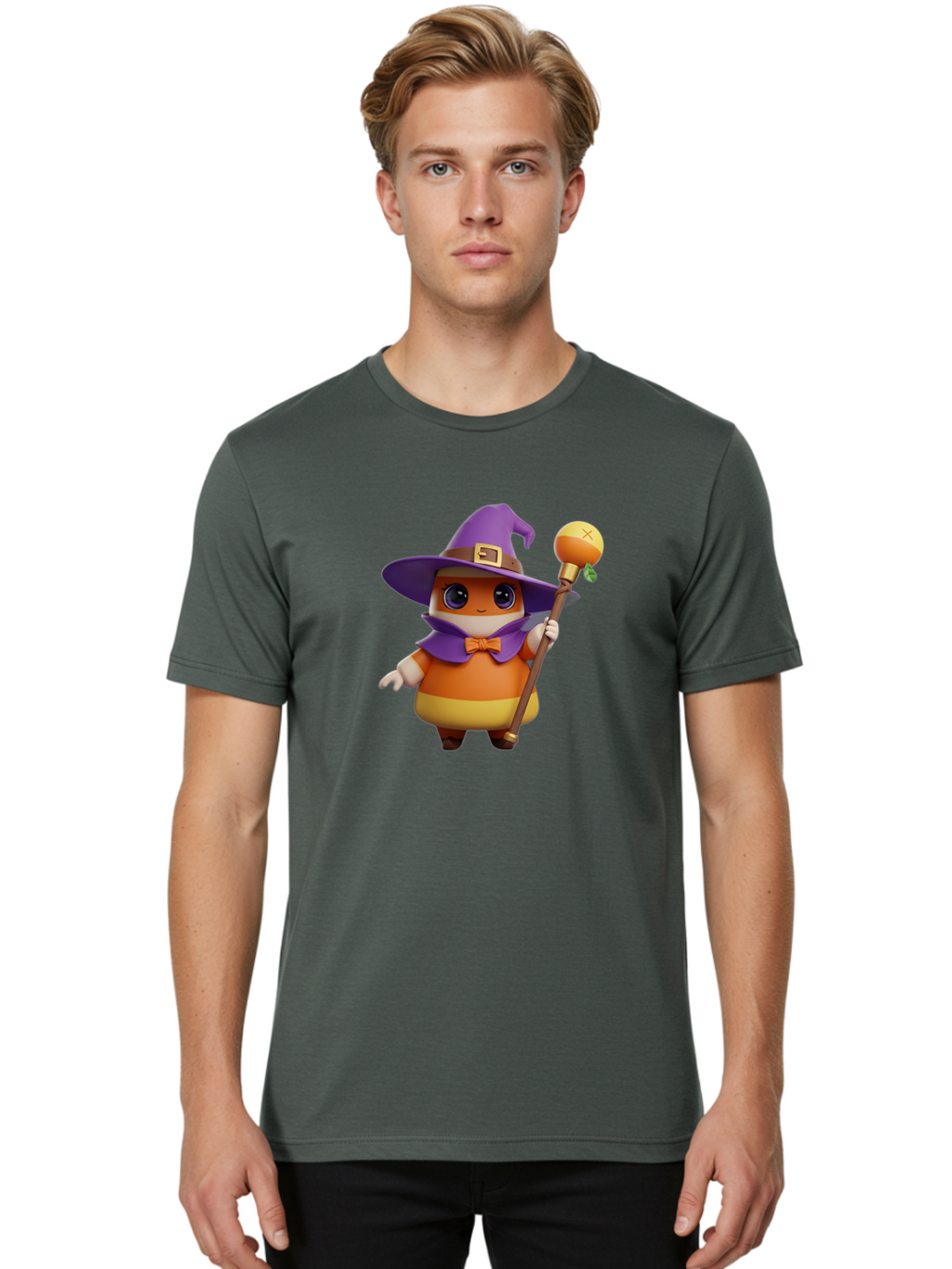 Candy-Witch Men'S Graphic Tee, 100% Cotton, Comfortable Casual Summer Wear, Machine Washable, Candy Character, Wizard Hat, Magical Staff, Orange Bow Tie, Purple Cape, Cartoon Style, Fantasy Creature, Sweet Treat, Magical Powers, Bac780