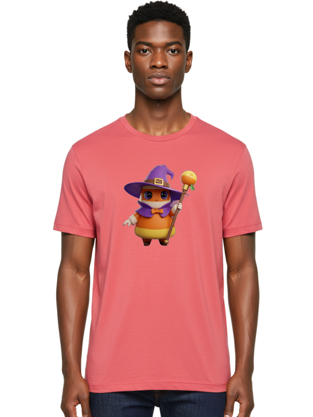 Candy-Witch Men'S Graphic Tee, 100% Cotton, Comfortable Casual Summer Wear, Machine Washable, Candy Character, Wizard Hat, Magical Staff, Orange Bow Tie, Purple Cape, Cartoon Style, Fantasy Creature, Sweet Treat, Magical Powers, Bac780