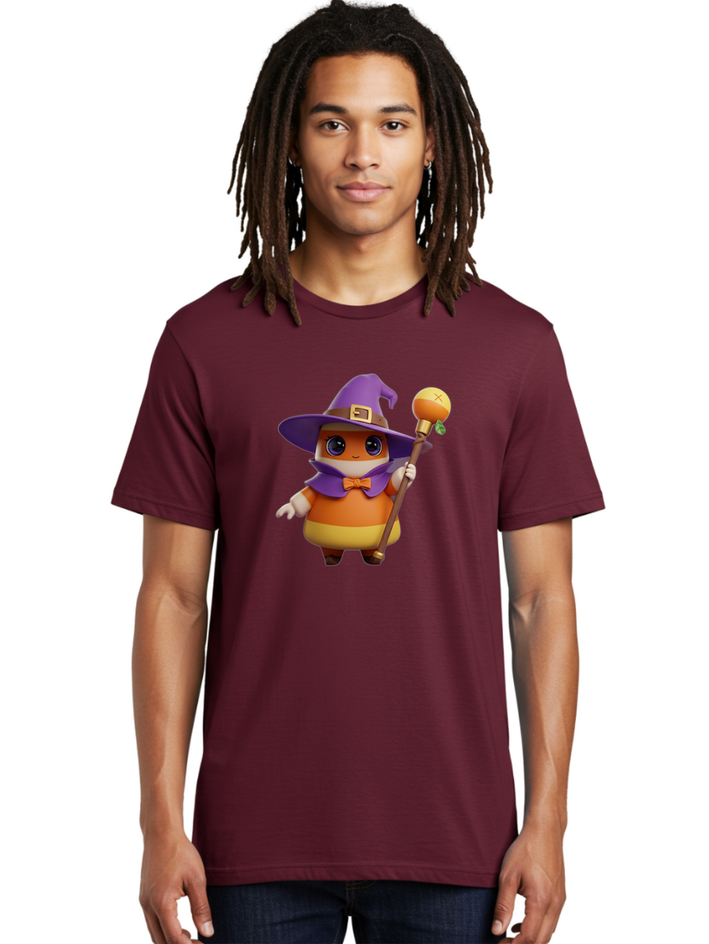 Candy-Witch Men'S Graphic Tee, 100% Cotton, Comfortable Casual Summer Wear, Machine Washable, Candy Character, Wizard Hat, Magical Staff, Orange Bow Tie, Purple Cape, Cartoon Style, Fantasy Creature, Sweet Treat, Magical Powers, Bac780