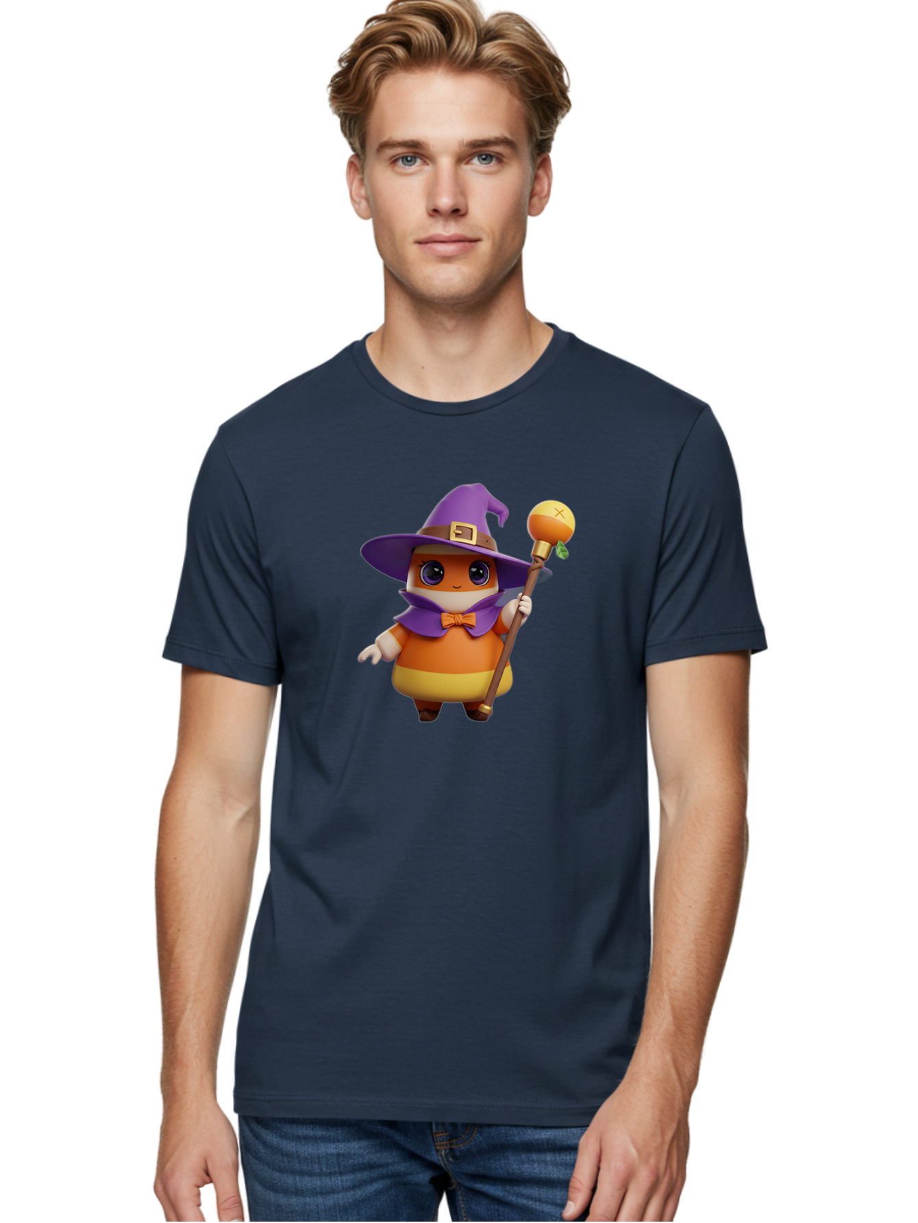 Candy-Witch Men'S Graphic Tee, 100% Cotton, Comfortable Casual Summer Wear, Machine Washable, Candy Character, Wizard Hat, Magical Staff, Orange Bow Tie, Purple Cape, Cartoon Style, Fantasy Creature, Sweet Treat, Magical Powers, Bac780