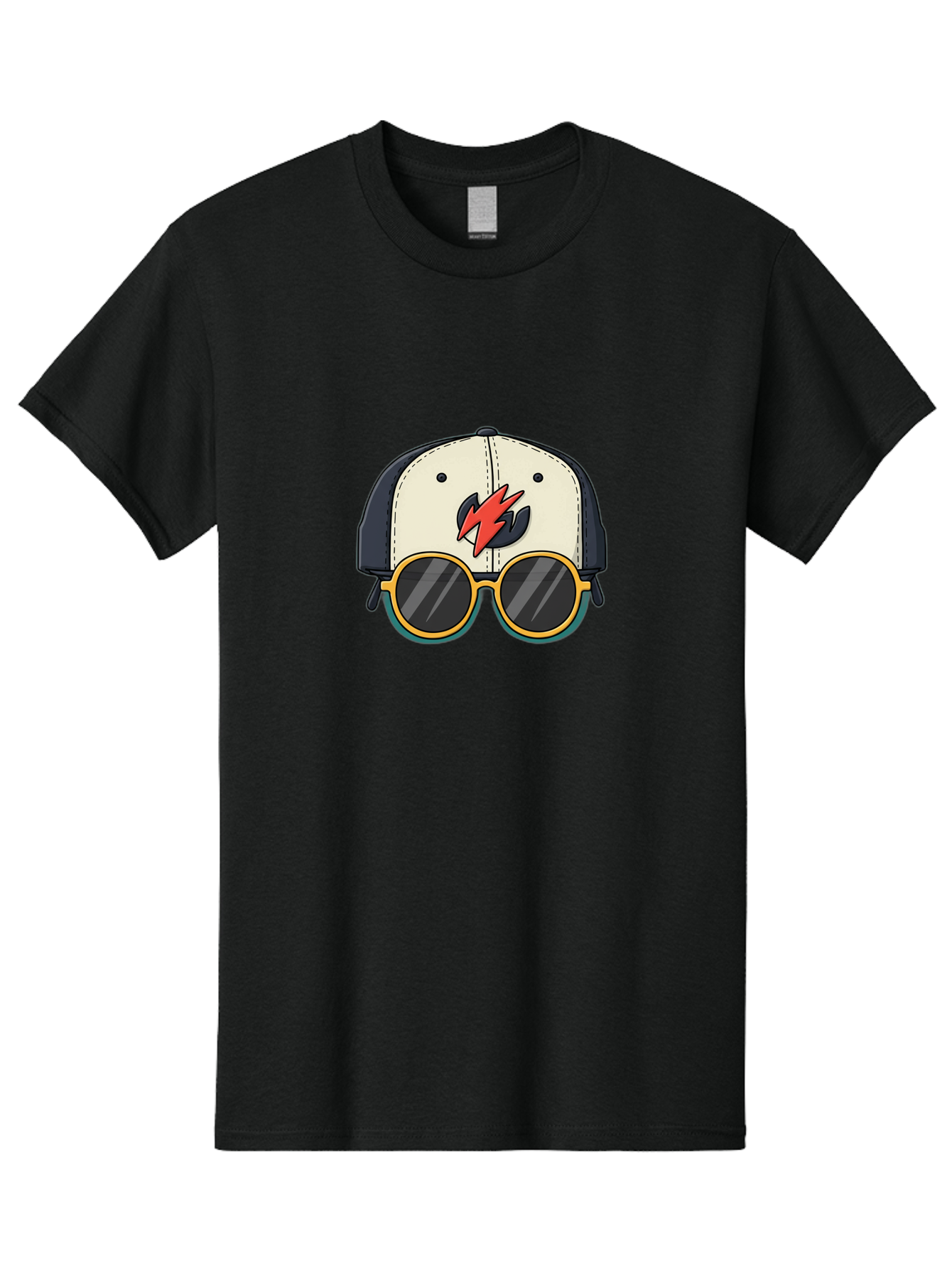 Cap-With-Sunglasses-And-Lightning-Bolt Men'S Graphic Tee, 100% Cotton, Comfortable Casual Summer Wear, Machine Washable, Baseball Cap, Trendy Sunglasses, Red Lightning Bolt, Cool Design, Fashionable Accessories, Stylish Hat, Yellow Frames, Bac781