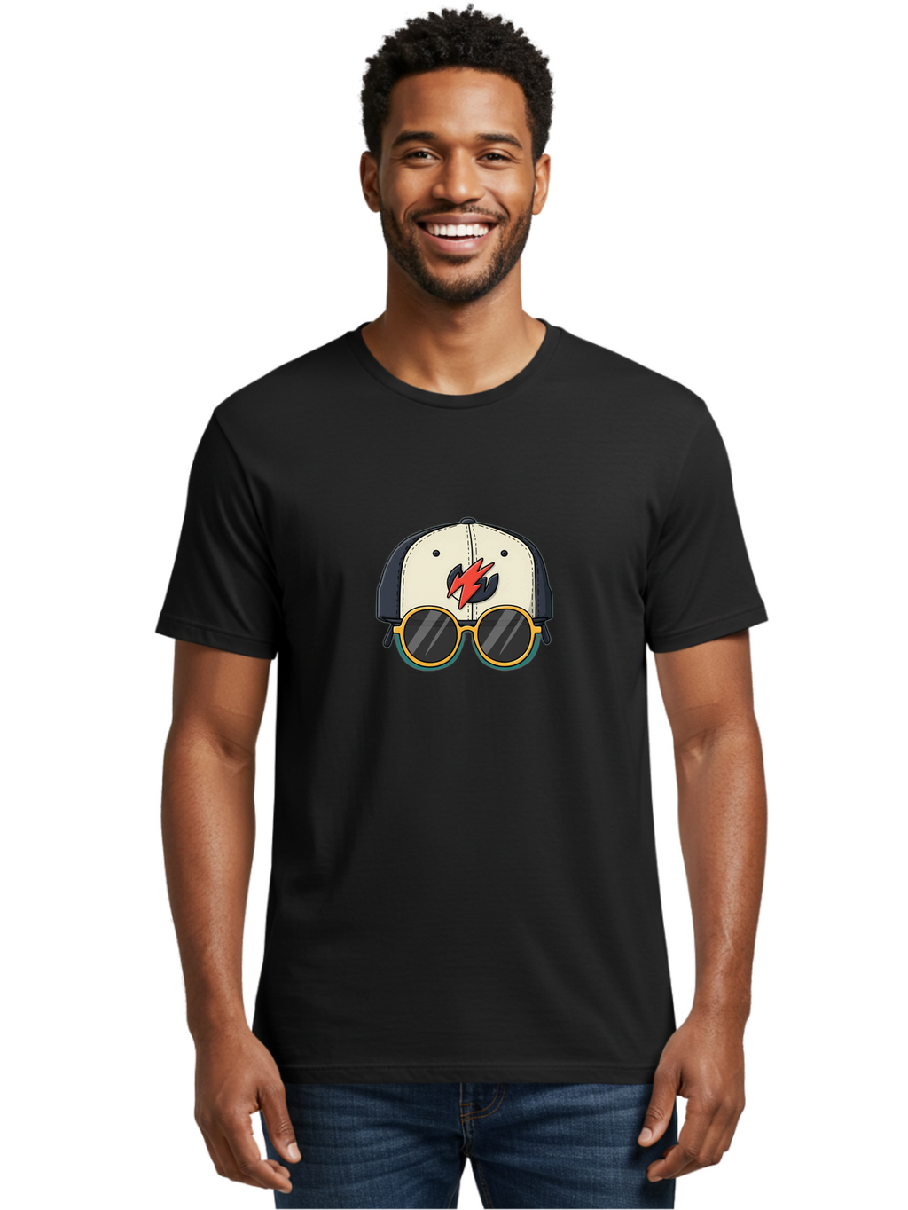 Cap-With-Sunglasses-And-Lightning-Bolt Men'S Graphic Tee, 100% Cotton, Comfortable Casual Summer Wear, Machine Washable, Baseball Cap, Trendy Sunglasses, Red Lightning Bolt, Cool Design, Fashionable Accessories, Stylish Hat, Yellow Frames, Bac781