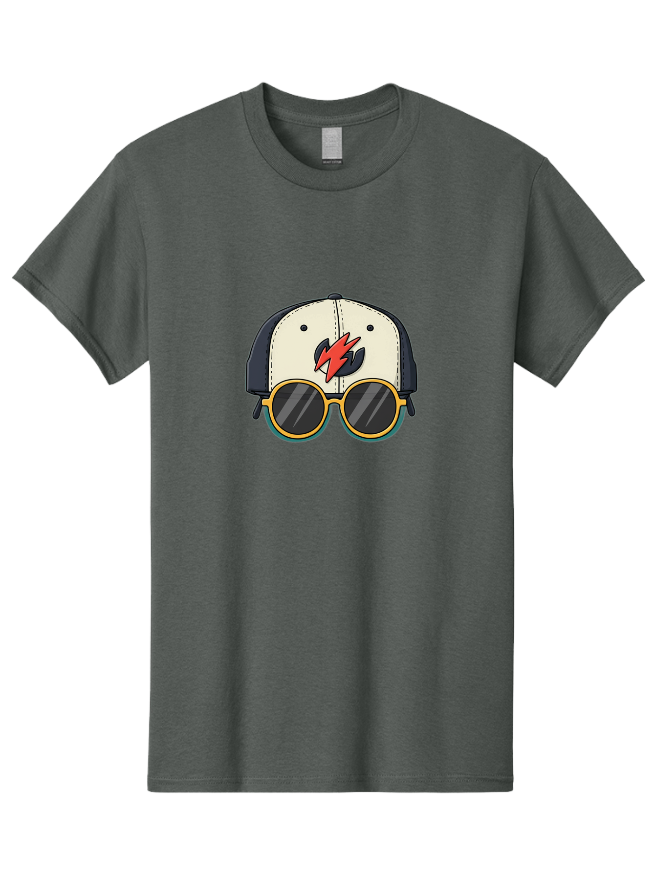 Cap-With-Sunglasses-And-Lightning-Bolt Men'S Graphic Tee, 100% Cotton, Comfortable Casual Summer Wear, Machine Washable, Baseball Cap, Trendy Sunglasses, Red Lightning Bolt, Cool Design, Fashionable Accessories, Stylish Hat, Yellow Frames, Bac781