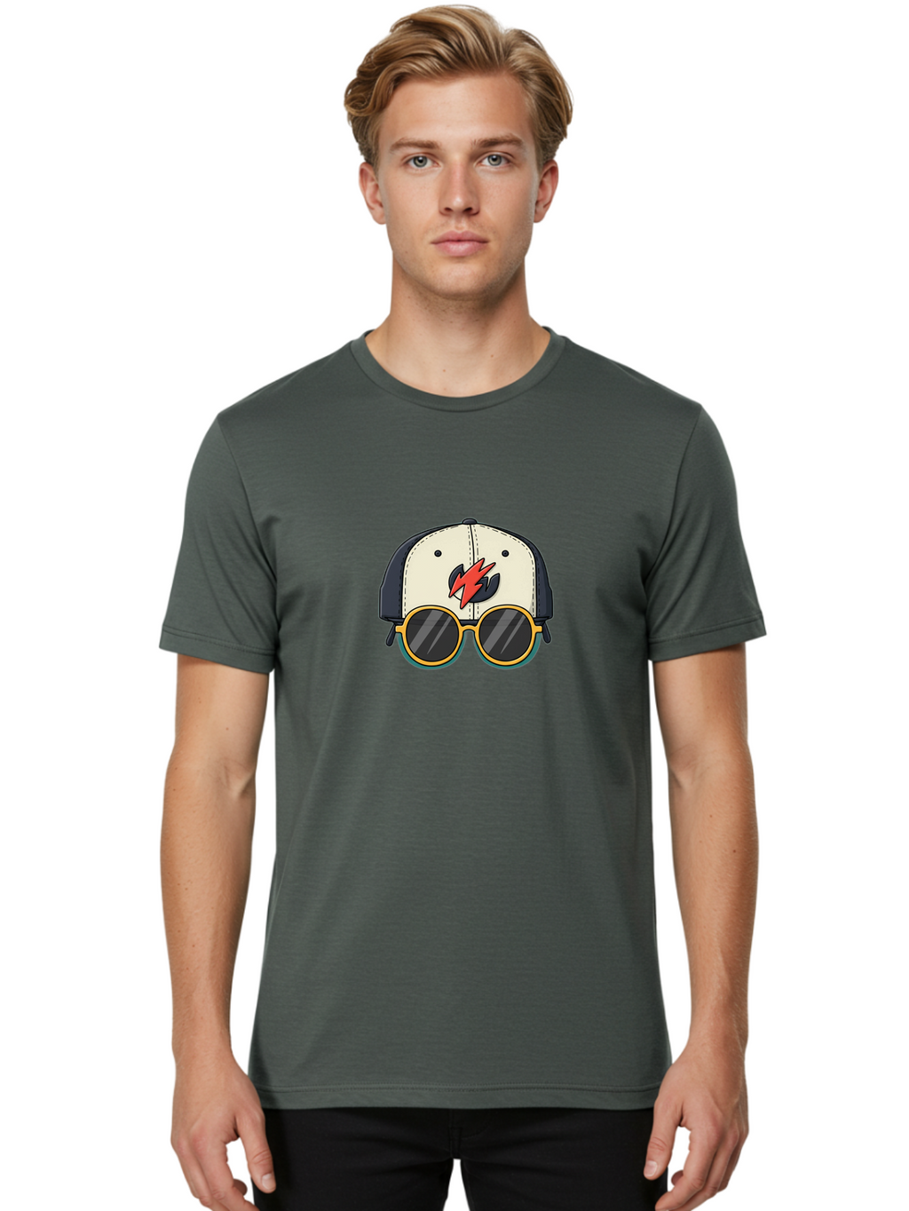 Cap-With-Sunglasses-And-Lightning-Bolt Men'S Graphic Tee, 100% Cotton, Comfortable Casual Summer Wear, Machine Washable, Baseball Cap, Trendy Sunglasses, Red Lightning Bolt, Cool Design, Fashionable Accessories, Stylish Hat, Yellow Frames, Bac781