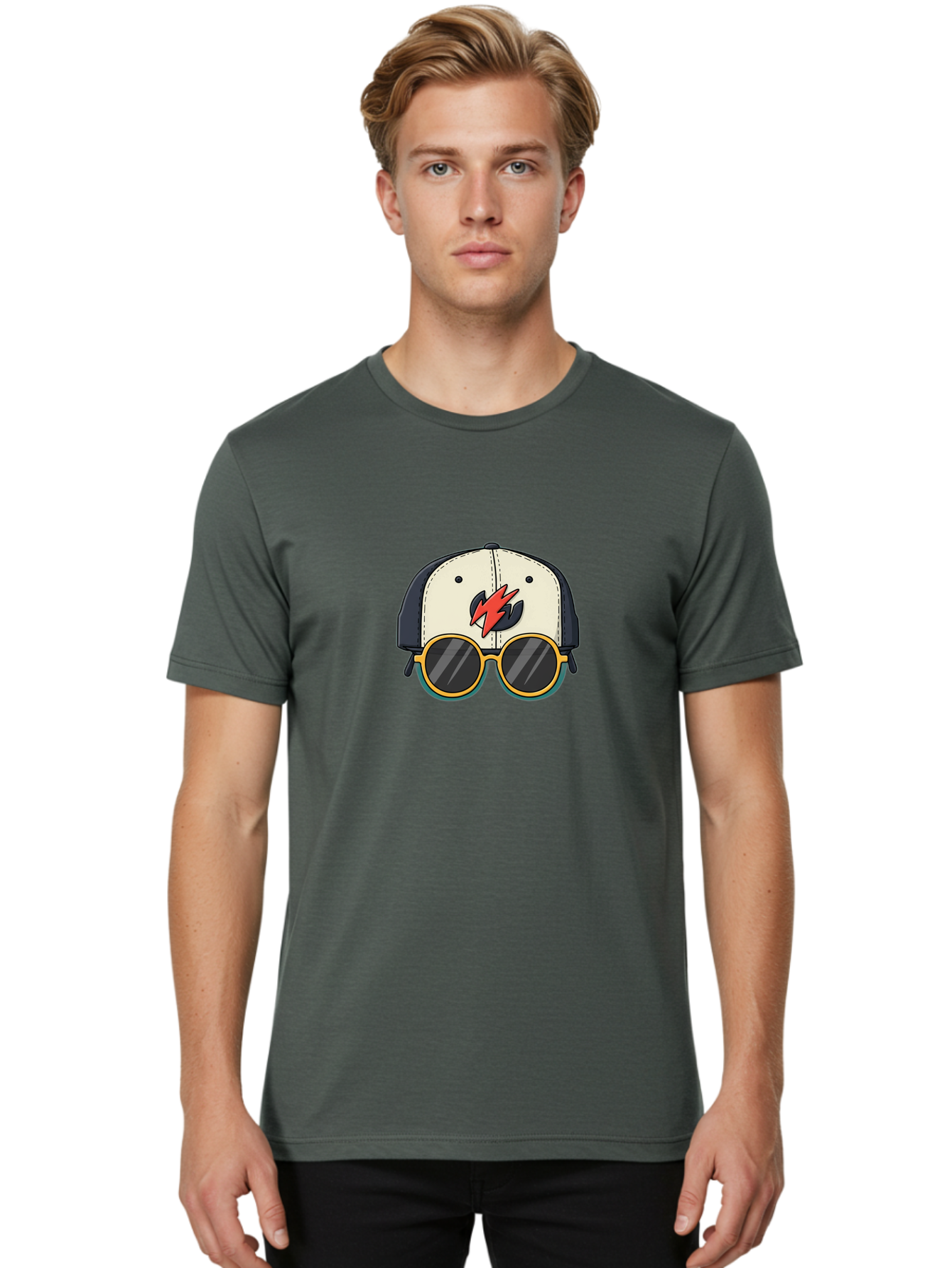 Cap-With-Sunglasses-And-Lightning-Bolt Men'S Graphic Tee, 100% Cotton, Comfortable Casual Summer Wear, Machine Washable, Baseball Cap, Trendy Sunglasses, Red Lightning Bolt, Cool Design, Fashionable Accessories, Stylish Hat, Yellow Frames, Bac781