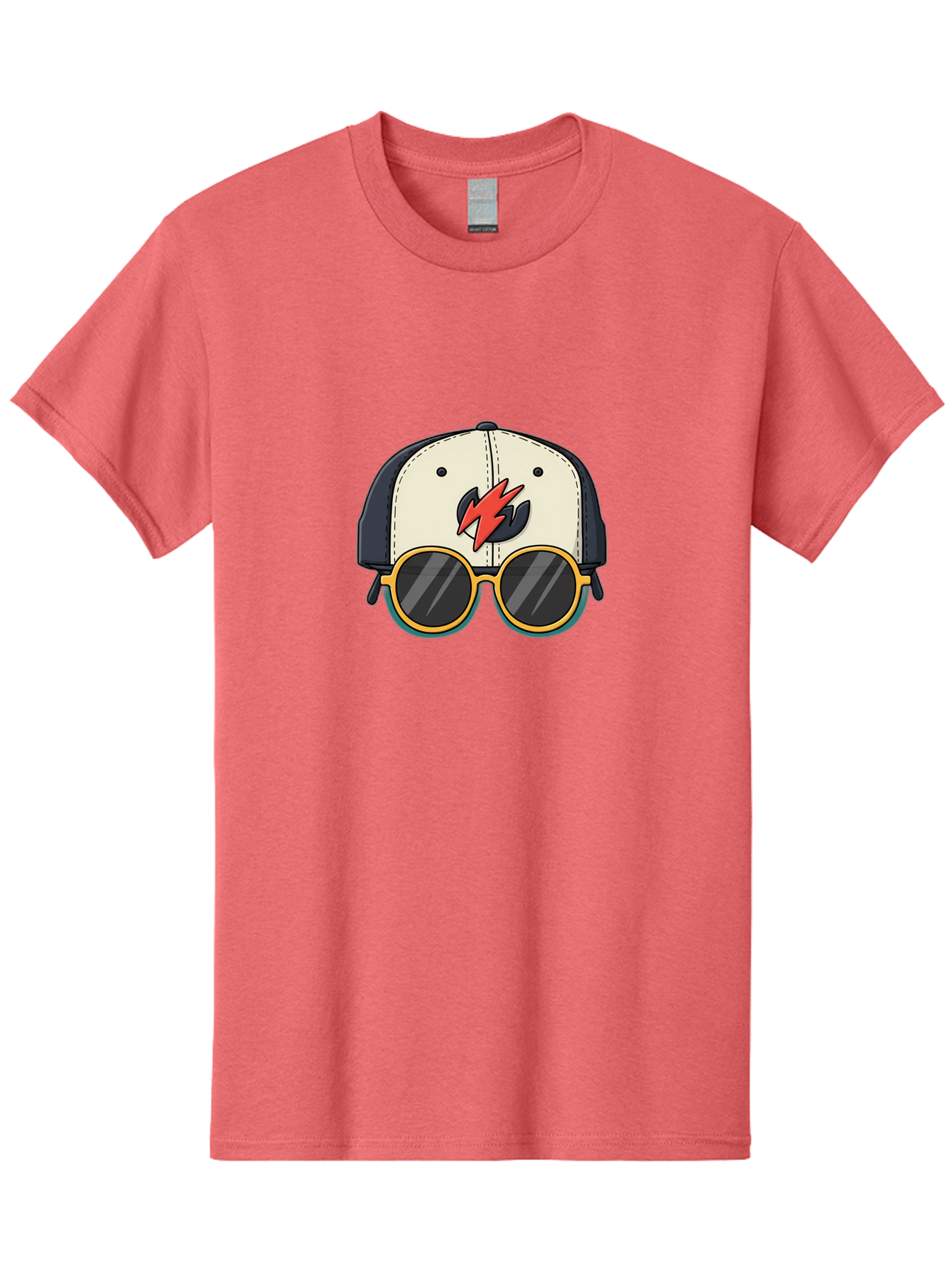 Cap-With-Sunglasses-And-Lightning-Bolt Men'S Graphic Tee, 100% Cotton, Comfortable Casual Summer Wear, Machine Washable, Baseball Cap, Trendy Sunglasses, Red Lightning Bolt, Cool Design, Fashionable Accessories, Stylish Hat, Yellow Frames, Bac781
