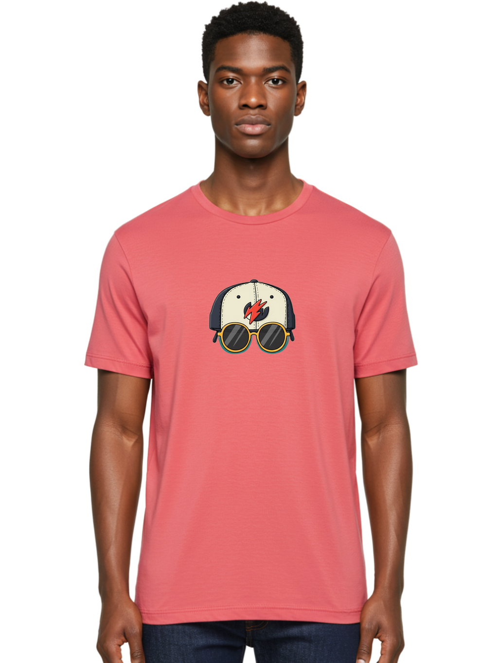Cap-With-Sunglasses-And-Lightning-Bolt Men'S Graphic Tee, 100% Cotton, Comfortable Casual Summer Wear, Machine Washable, Baseball Cap, Trendy Sunglasses, Red Lightning Bolt, Cool Design, Fashionable Accessories, Stylish Hat, Yellow Frames, Bac781