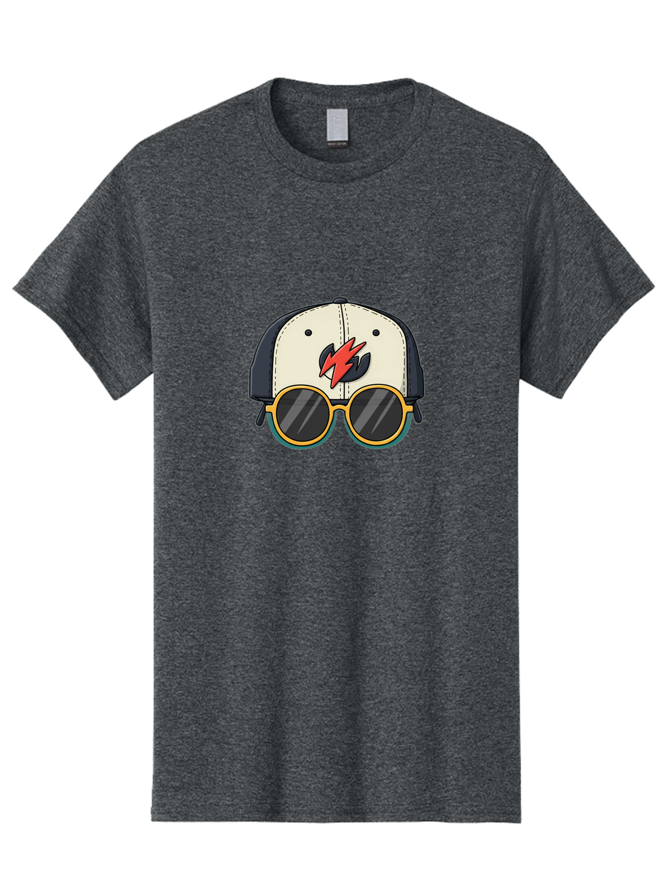 Cap-With-Sunglasses-And-Lightning-Bolt Men'S Graphic Tee, 100% Cotton, Comfortable Casual Summer Wear, Machine Washable, Baseball Cap, Trendy Sunglasses, Red Lightning Bolt, Cool Design, Fashionable Accessories, Stylish Hat, Yellow Frames, Bac781