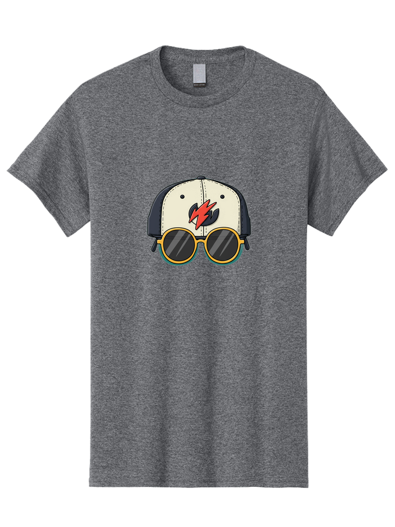 Cap-With-Sunglasses-And-Lightning-Bolt Men'S Graphic Tee, 100% Cotton, Comfortable Casual Summer Wear, Machine Washable, Baseball Cap, Trendy Sunglasses, Red Lightning Bolt, Cool Design, Fashionable Accessories, Stylish Hat, Yellow Frames, Bac781