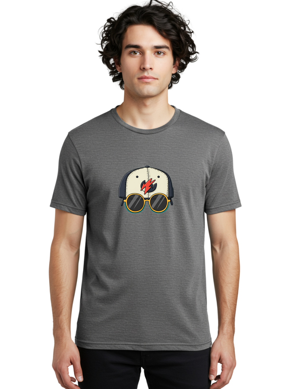 Cap-With-Sunglasses-And-Lightning-Bolt Men'S Graphic Tee, 100% Cotton, Comfortable Casual Summer Wear, Machine Washable, Baseball Cap, Trendy Sunglasses, Red Lightning Bolt, Cool Design, Fashionable Accessories, Stylish Hat, Yellow Frames, Bac781