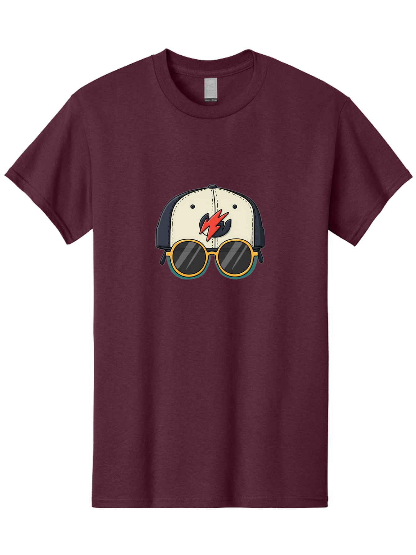 Cap-With-Sunglasses-And-Lightning-Bolt Men'S Graphic Tee, 100% Cotton, Comfortable Casual Summer Wear, Machine Washable, Baseball Cap, Trendy Sunglasses, Red Lightning Bolt, Cool Design, Fashionable Accessories, Stylish Hat, Yellow Frames, Bac781