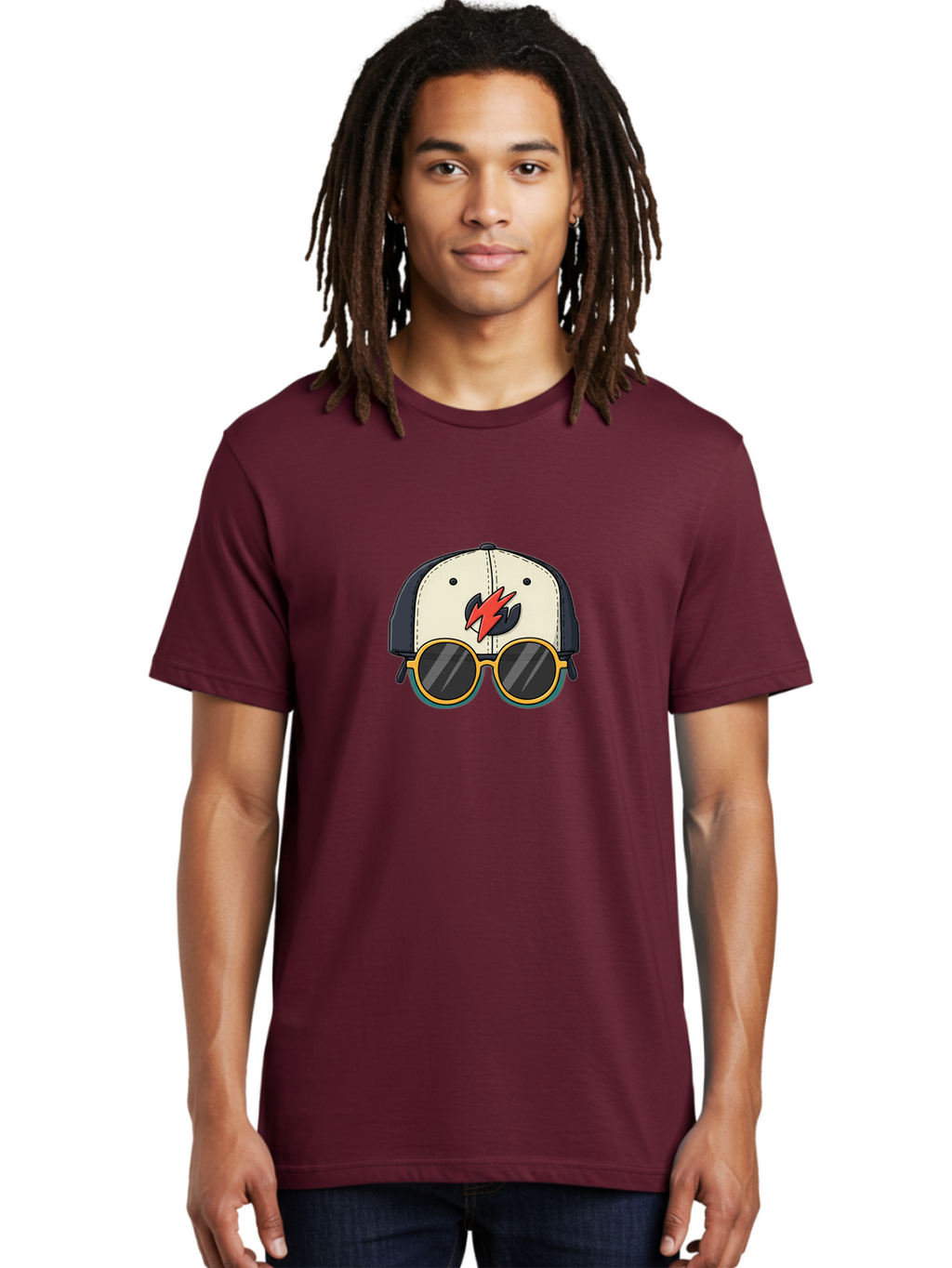 Cap-With-Sunglasses-And-Lightning-Bolt Men'S Graphic Tee, 100% Cotton, Comfortable Casual Summer Wear, Machine Washable, Baseball Cap, Trendy Sunglasses, Red Lightning Bolt, Cool Design, Fashionable Accessories, Stylish Hat, Yellow Frames, Bac781