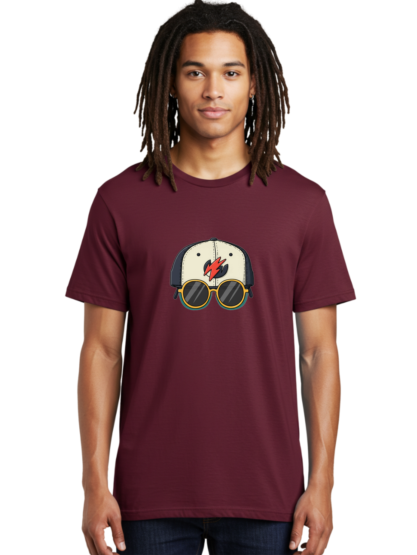 Cap-With-Sunglasses-And-Lightning-Bolt Men'S Graphic Tee, 100% Cotton, Comfortable Casual Summer Wear, Machine Washable, Baseball Cap, Trendy Sunglasses, Red Lightning Bolt, Cool Design, Fashionable Accessories, Stylish Hat, Yellow Frames, Bac781