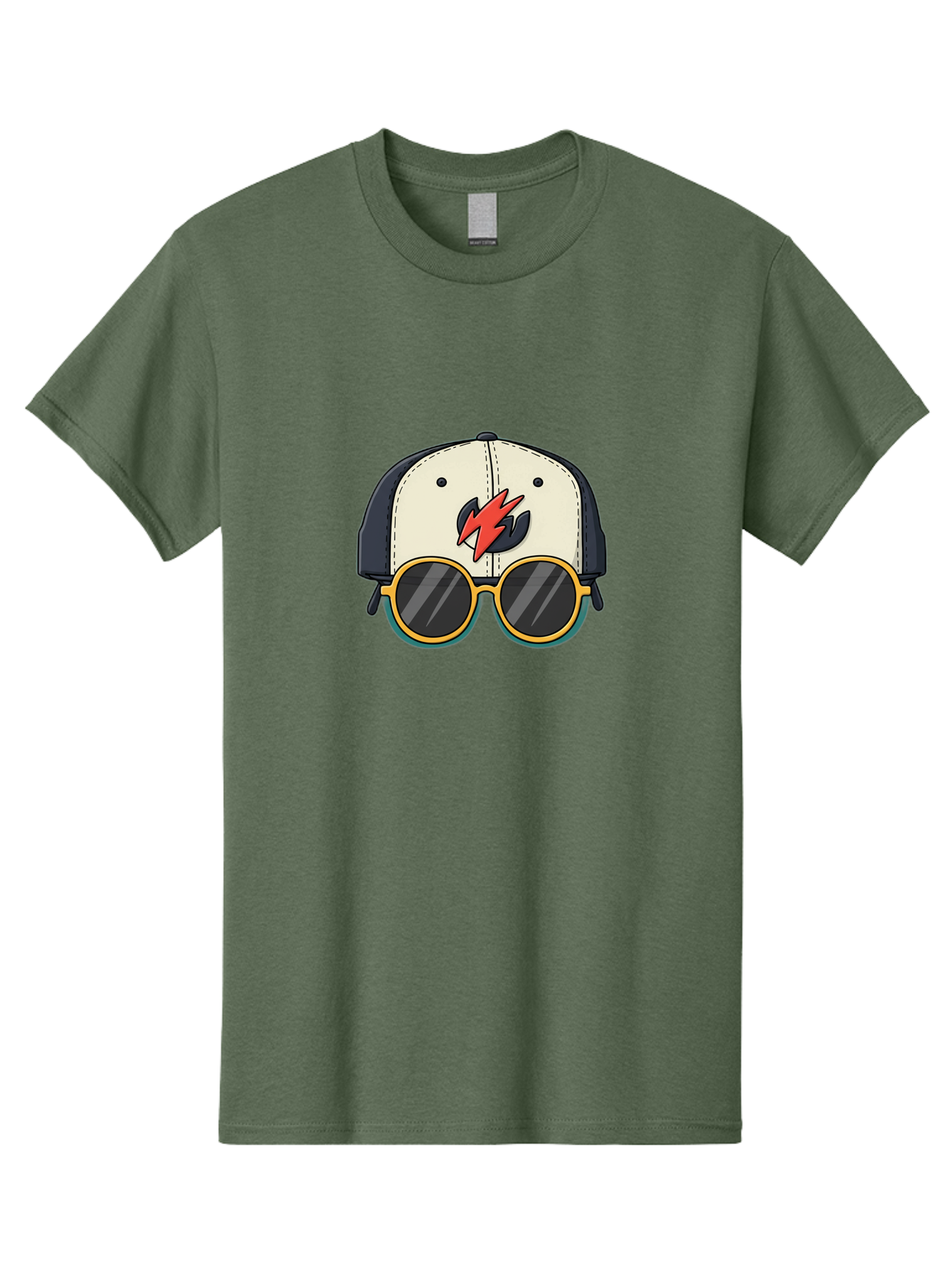 Cap-With-Sunglasses-And-Lightning-Bolt Men'S Graphic Tee, 100% Cotton, Comfortable Casual Summer Wear, Machine Washable, Baseball Cap, Trendy Sunglasses, Red Lightning Bolt, Cool Design, Fashionable Accessories, Stylish Hat, Yellow Frames, Bac781