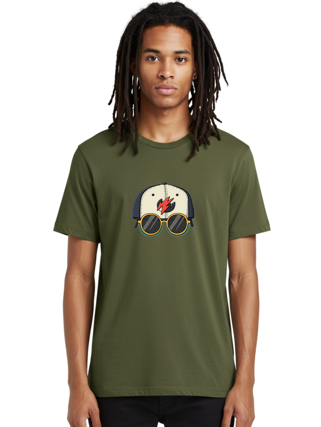 Cap-With-Sunglasses-And-Lightning-Bolt Men'S Graphic Tee, 100% Cotton, Comfortable Casual Summer Wear, Machine Washable, Baseball Cap, Trendy Sunglasses, Red Lightning Bolt, Cool Design, Fashionable Accessories, Stylish Hat, Yellow Frames, Bac781