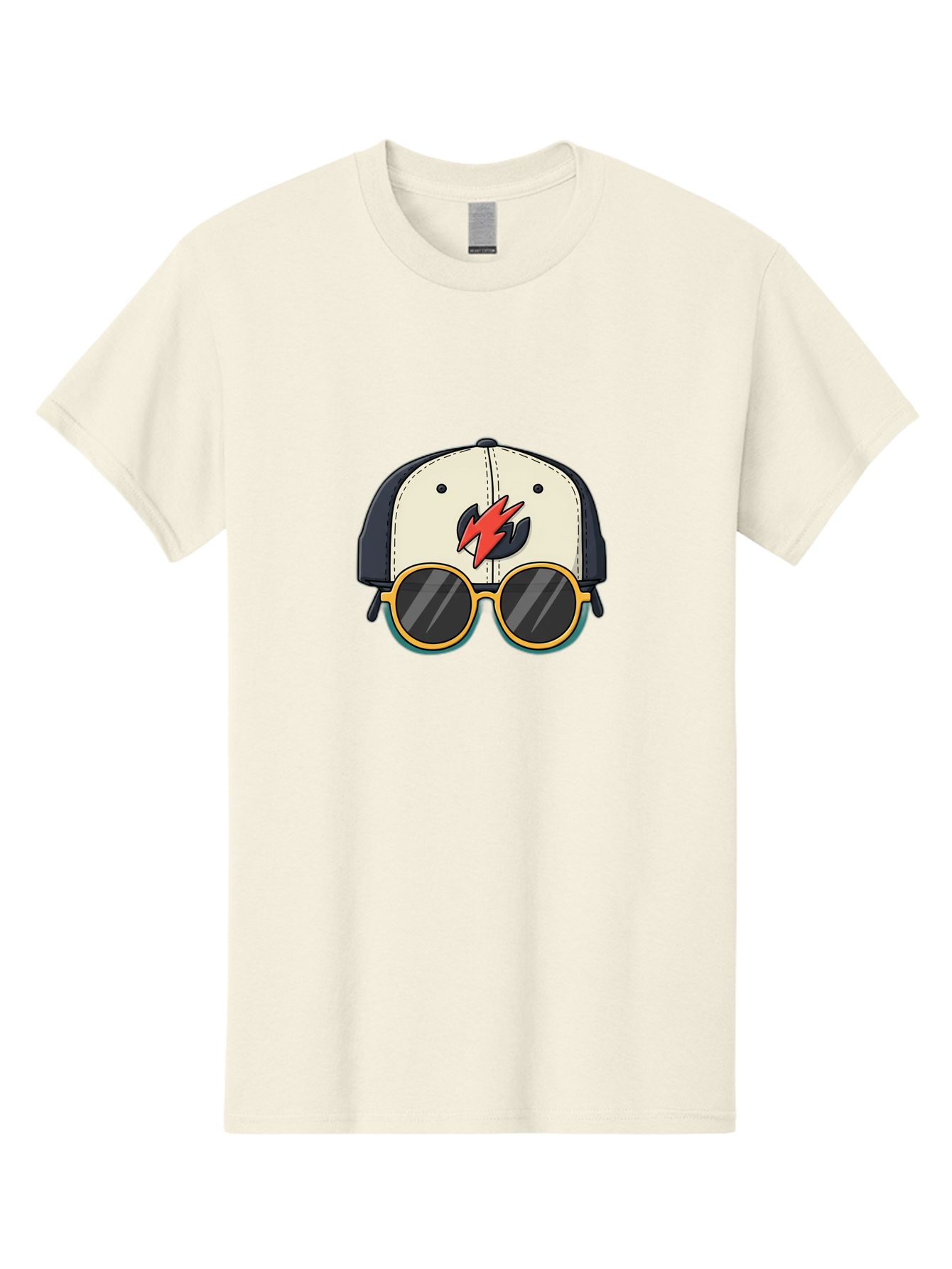 Cap-With-Sunglasses-And-Lightning-Bolt Men'S Graphic Tee, 100% Cotton, Comfortable Casual Summer Wear, Machine Washable, Baseball Cap, Trendy Sunglasses, Red Lightning Bolt, Cool Design, Fashionable Accessories, Stylish Hat, Yellow Frames, Bac781