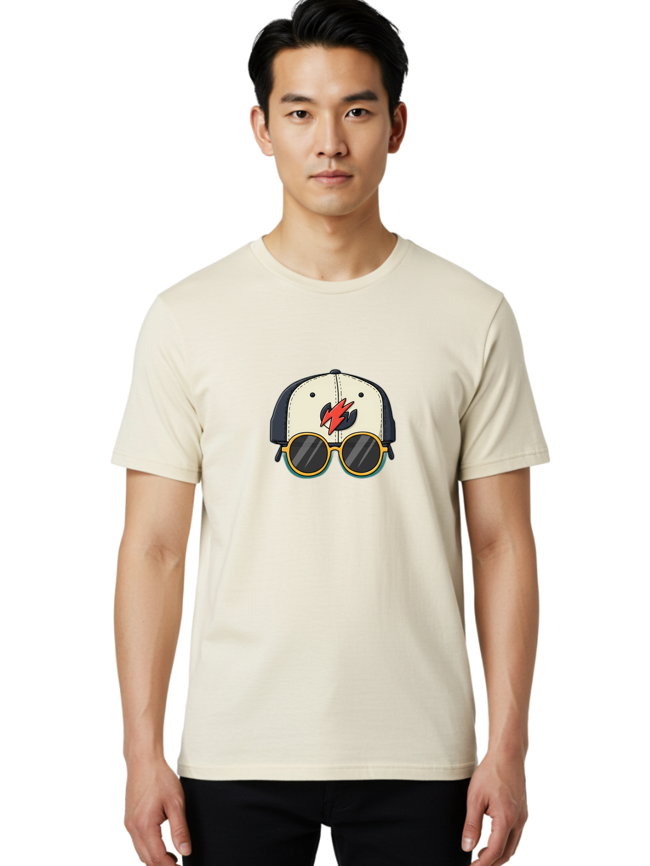 Cap-With-Sunglasses-And-Lightning-Bolt Men'S Graphic Tee, 100% Cotton, Comfortable Casual Summer Wear, Machine Washable, Baseball Cap, Trendy Sunglasses, Red Lightning Bolt, Cool Design, Fashionable Accessories, Stylish Hat, Yellow Frames, Bac781