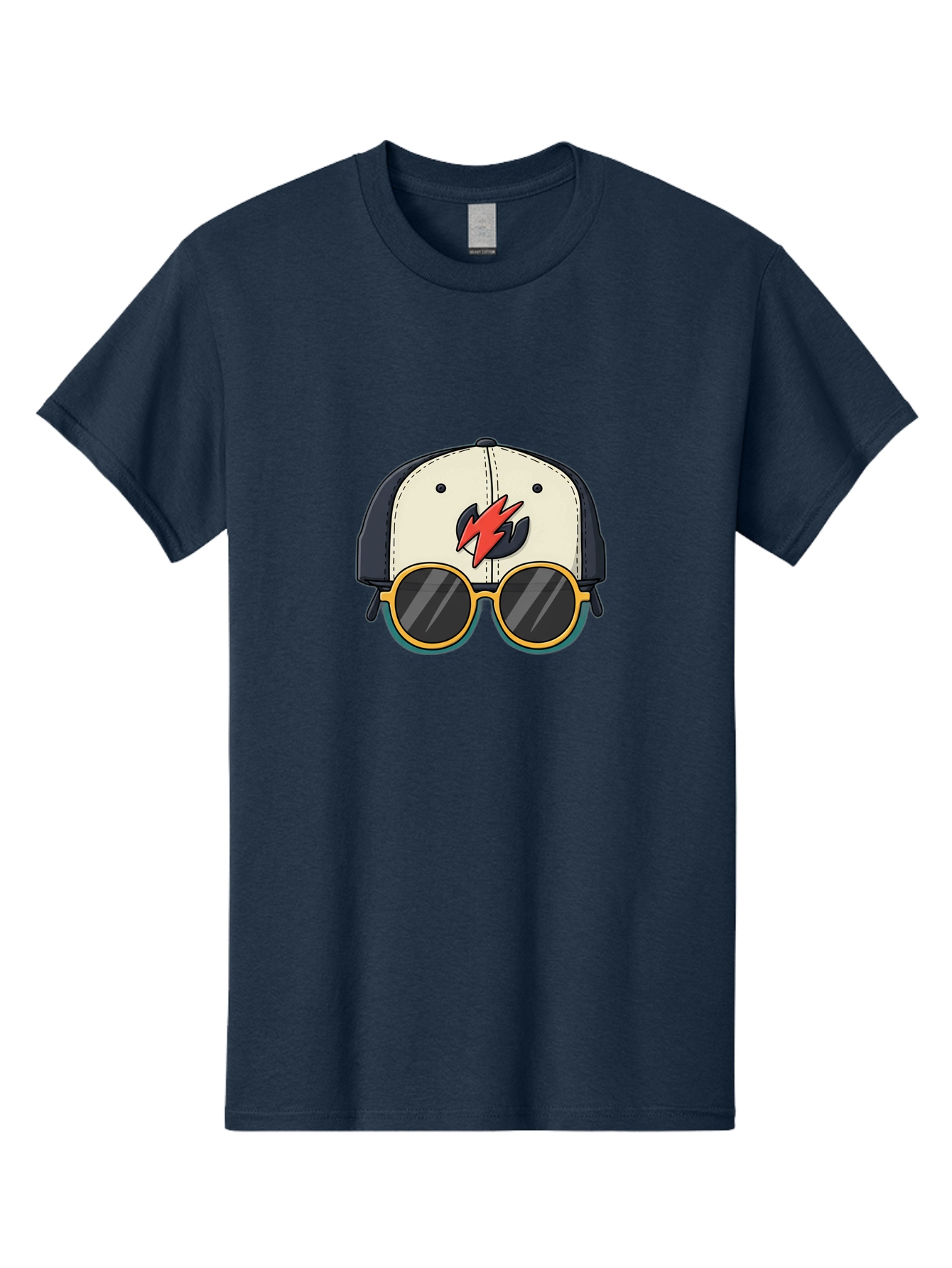 Cap-With-Sunglasses-And-Lightning-Bolt Men'S Graphic Tee, 100% Cotton, Comfortable Casual Summer Wear, Machine Washable, Baseball Cap, Trendy Sunglasses, Red Lightning Bolt, Cool Design, Fashionable Accessories, Stylish Hat, Yellow Frames, Bac781
