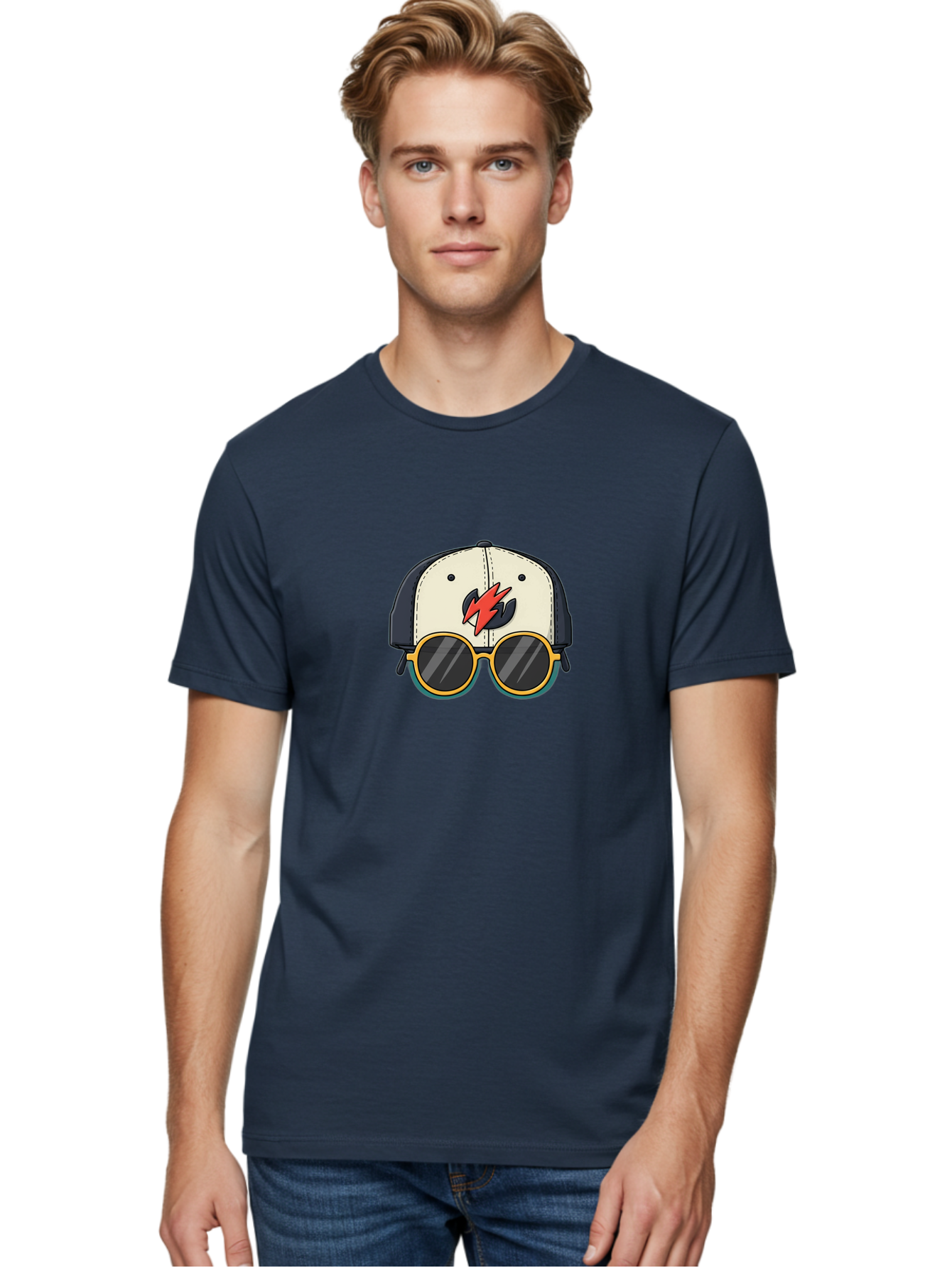Cap-With-Sunglasses-And-Lightning-Bolt Men'S Graphic Tee, 100% Cotton, Comfortable Casual Summer Wear, Machine Washable, Baseball Cap, Trendy Sunglasses, Red Lightning Bolt, Cool Design, Fashionable Accessories, Stylish Hat, Yellow Frames, Bac781