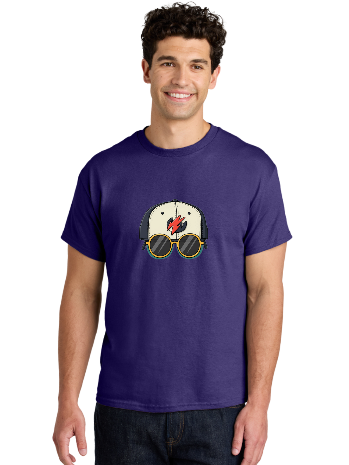 Cap-With-Sunglasses-And-Lightning-Bolt Men'S Graphic Tee, 100% Cotton, Comfortable Casual Summer Wear, Machine Washable, Baseball Cap, Trendy Sunglasses, Red Lightning Bolt, Cool Design, Fashionable Accessories, Stylish Hat, Yellow Frames, Bac781