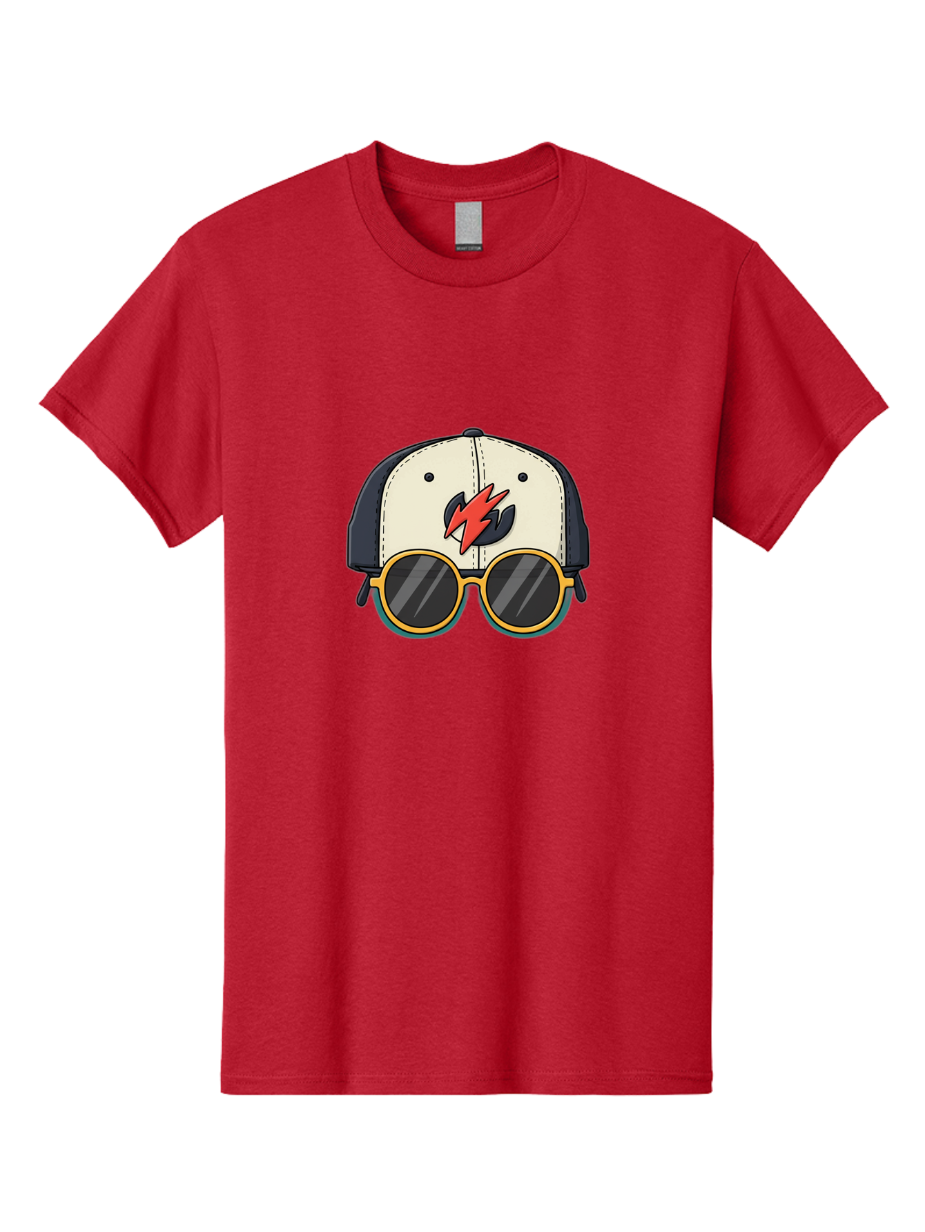 Cap-With-Sunglasses-And-Lightning-Bolt Men'S Graphic Tee, 100% Cotton, Comfortable Casual Summer Wear, Machine Washable, Baseball Cap, Trendy Sunglasses, Red Lightning Bolt, Cool Design, Fashionable Accessories, Stylish Hat, Yellow Frames, Bac781