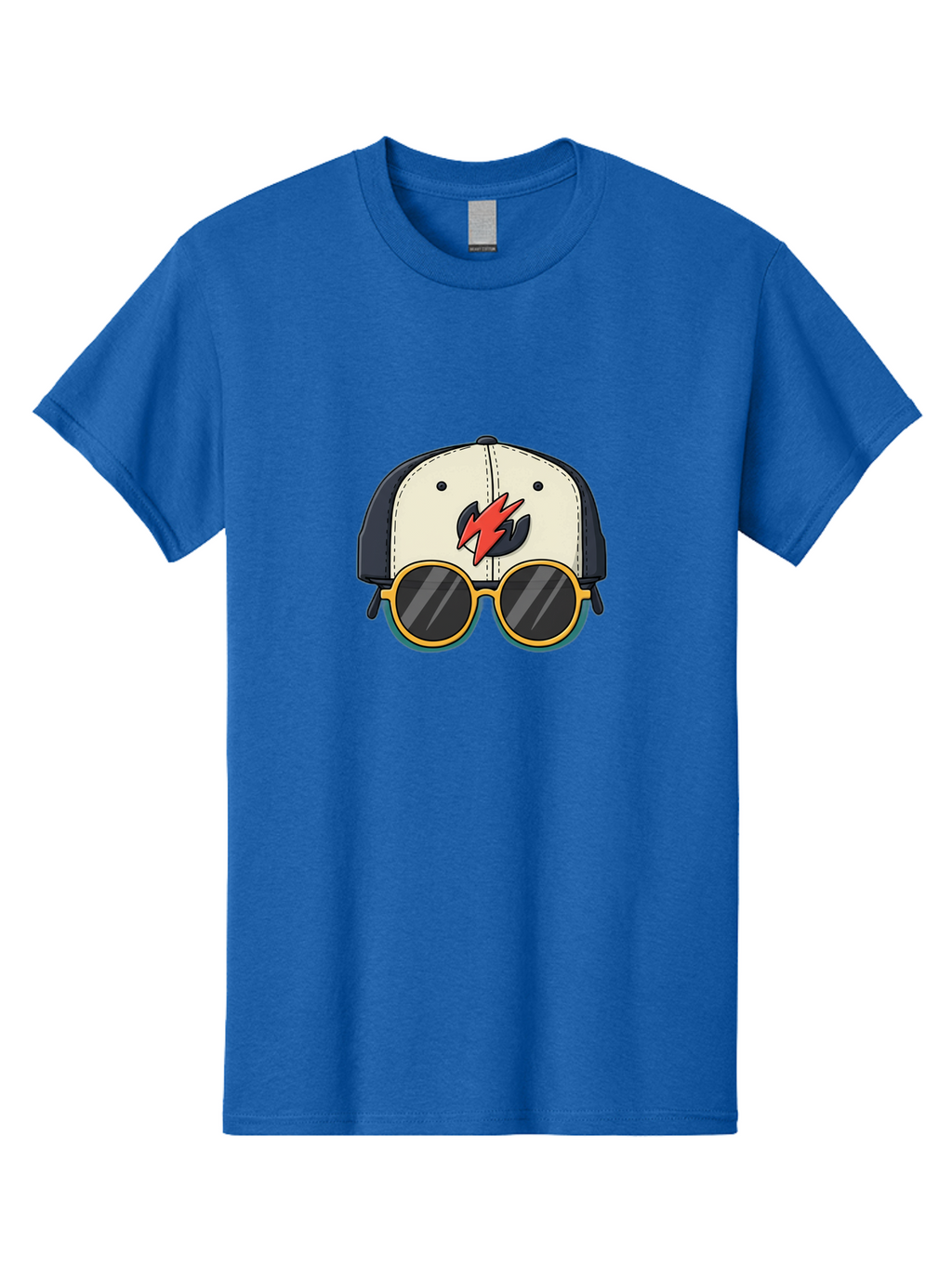 Cap-With-Sunglasses-And-Lightning-Bolt Men'S Graphic Tee, 100% Cotton, Comfortable Casual Summer Wear, Machine Washable, Baseball Cap, Trendy Sunglasses, Red Lightning Bolt, Cool Design, Fashionable Accessories, Stylish Hat, Yellow Frames, Bac781