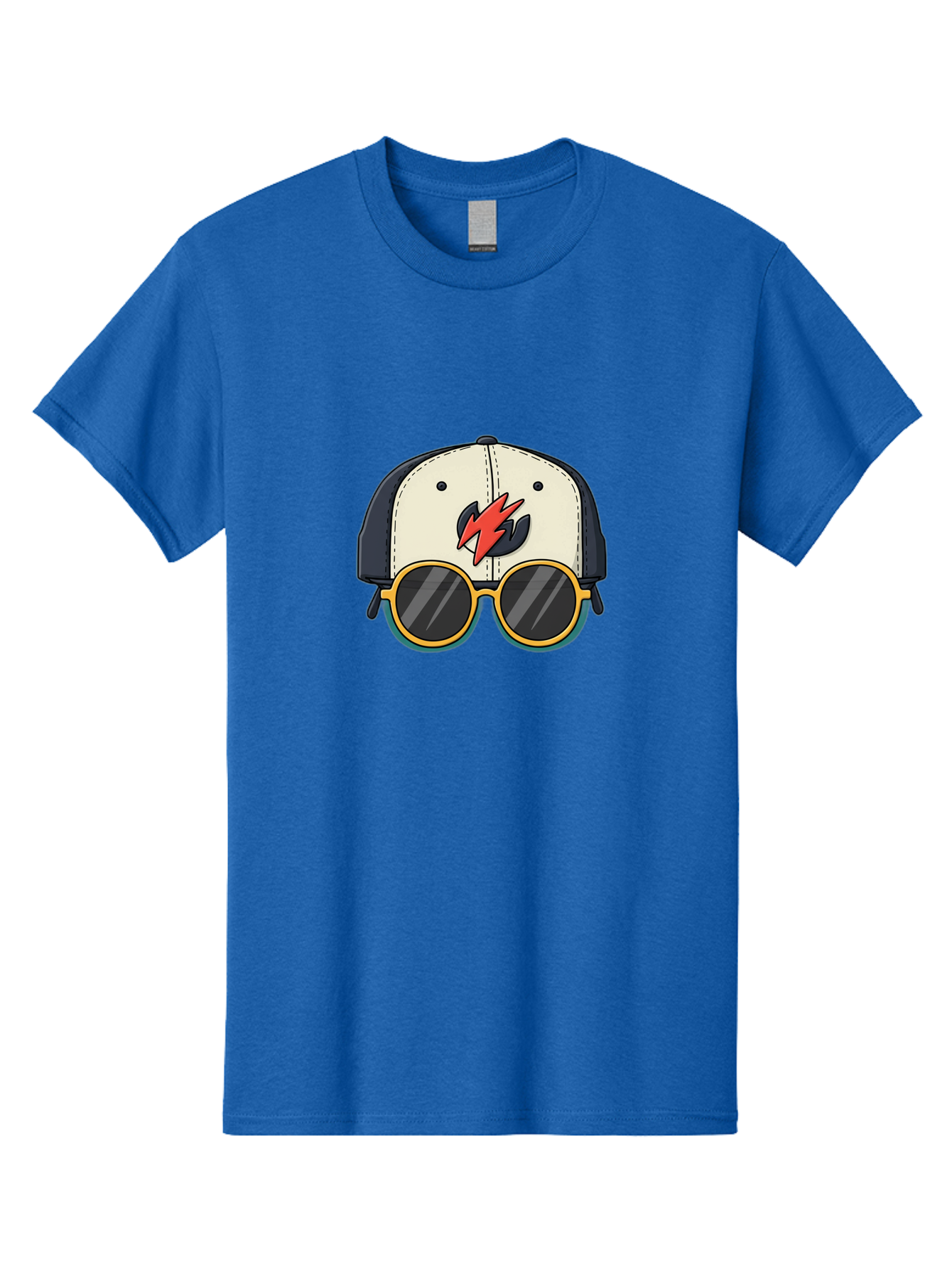 Cap-With-Sunglasses-And-Lightning-Bolt Men'S Graphic Tee, 100% Cotton, Comfortable Casual Summer Wear, Machine Washable, Baseball Cap, Trendy Sunglasses, Red Lightning Bolt, Cool Design, Fashionable Accessories, Stylish Hat, Yellow Frames, Bac781