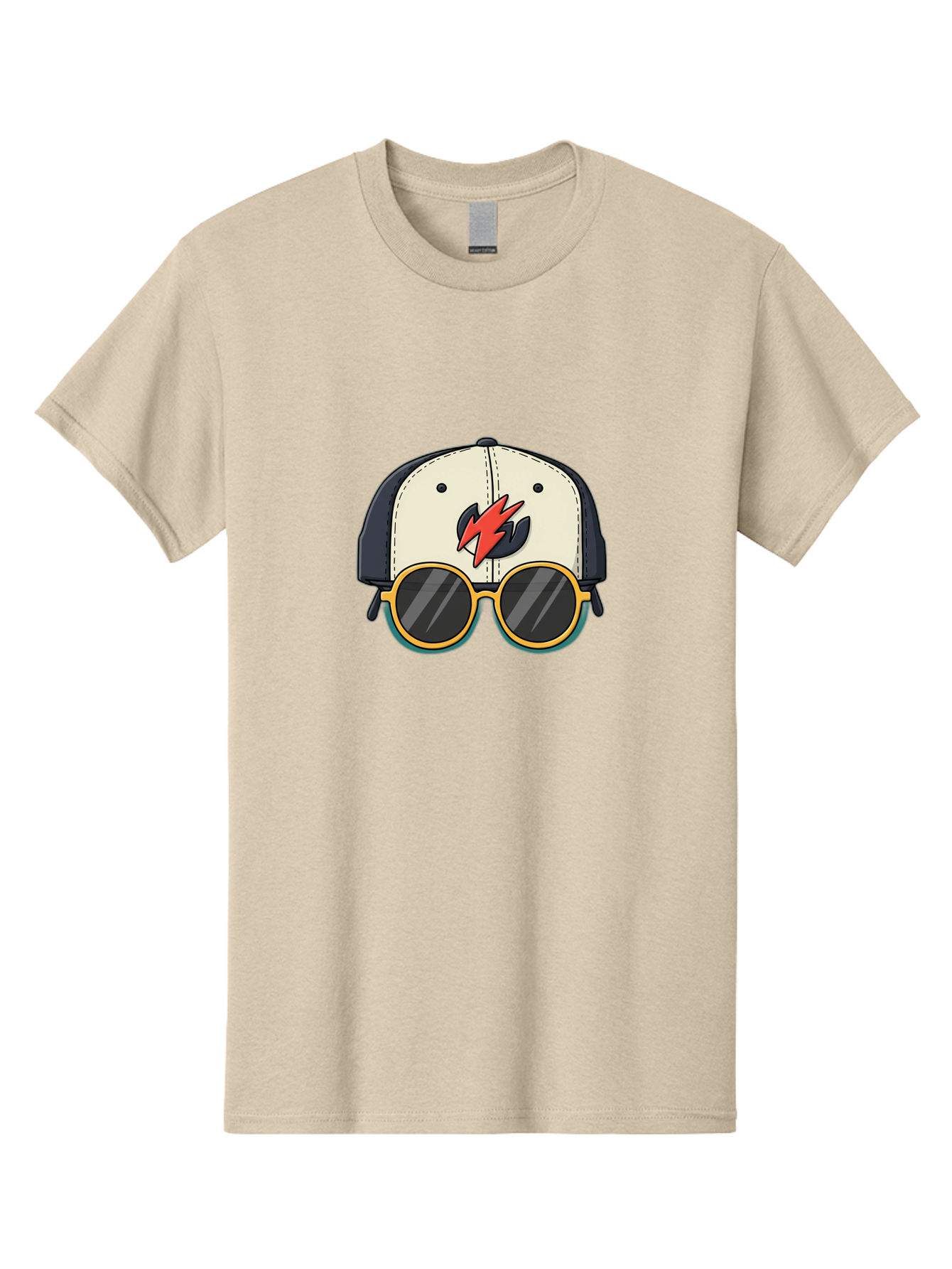 Cap-With-Sunglasses-And-Lightning-Bolt Men'S Graphic Tee, 100% Cotton, Comfortable Casual Summer Wear, Machine Washable, Baseball Cap, Trendy Sunglasses, Red Lightning Bolt, Cool Design, Fashionable Accessories, Stylish Hat, Yellow Frames, Bac781