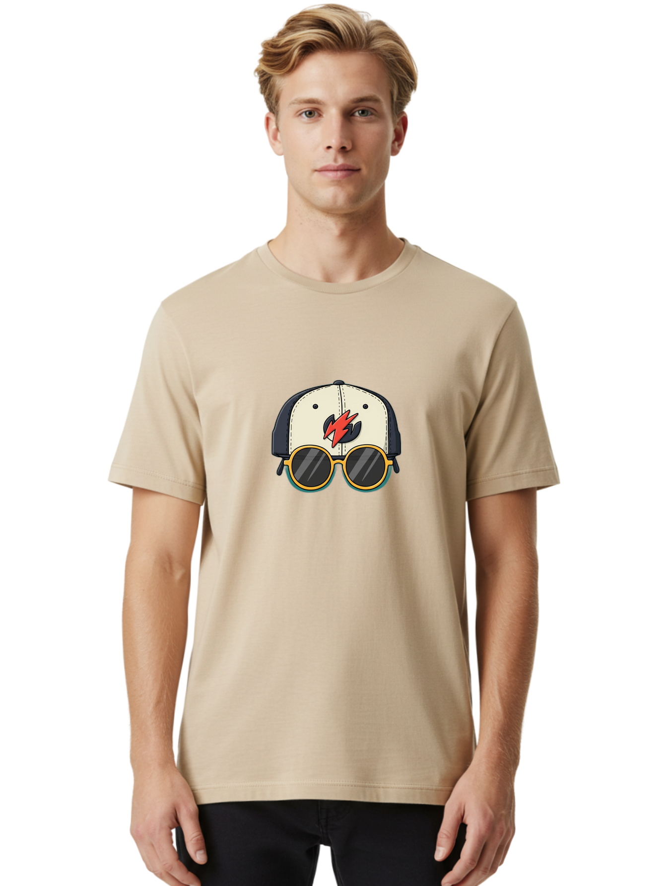 Cap-With-Sunglasses-And-Lightning-Bolt Men'S Graphic Tee, 100% Cotton, Comfortable Casual Summer Wear, Machine Washable, Baseball Cap, Trendy Sunglasses, Red Lightning Bolt, Cool Design, Fashionable Accessories, Stylish Hat, Yellow Frames, Bac781