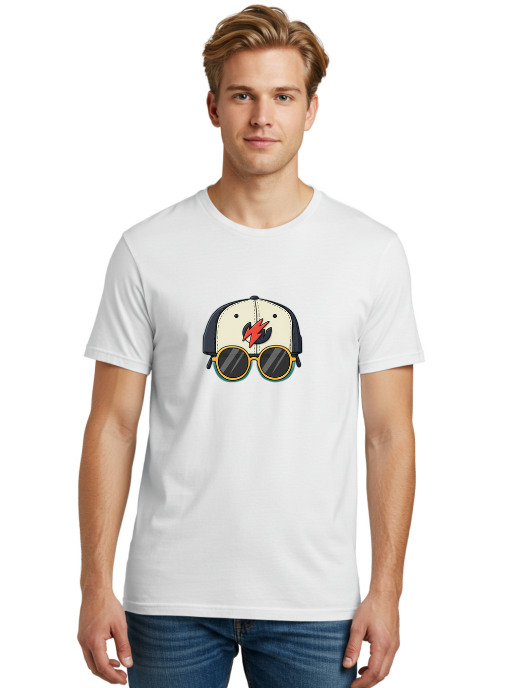Cap-With-Sunglasses-And-Lightning-Bolt Men'S Graphic Tee, 100% Cotton, Comfortable Casual Summer Wear, Machine Washable, Baseball Cap, Trendy Sunglasses, Red Lightning Bolt, Cool Design, Fashionable Accessories, Stylish Hat, Yellow Frames, Bac781