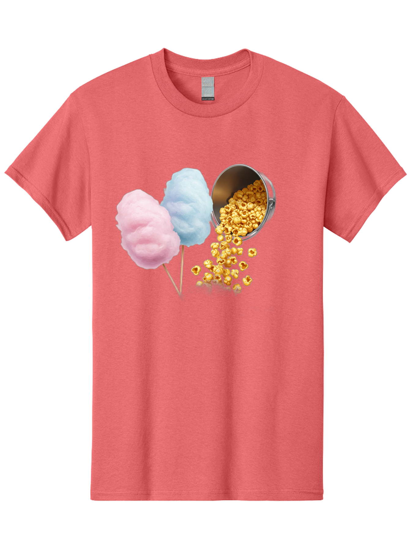 Caramel-Popcorn-And-Cotton-Candy Men'S Graphic Tee, 100% Cotton, Comfortable Casual Summer Wear, Machine Washable, Cotton Candy, Caramel Popcorn, Sweet Treats, Fair Food, Party Snacks, Tasty Delights, Fluffy Cotton Candy, Sticky Caramel, Bac782