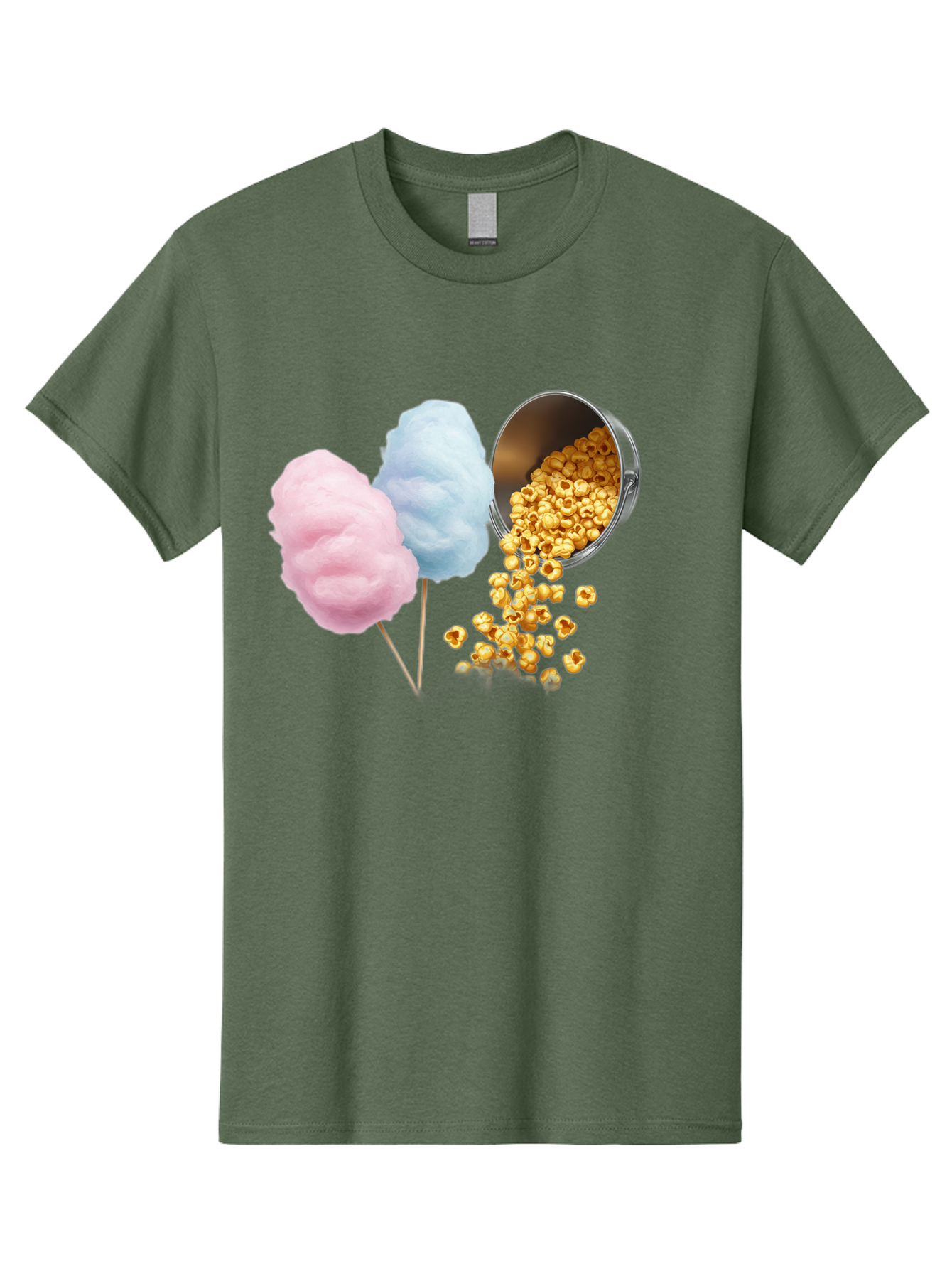 Caramel-Popcorn-And-Cotton-Candy Men'S Graphic Tee, 100% Cotton, Comfortable Casual Summer Wear, Machine Washable, Cotton Candy, Caramel Popcorn, Sweet Treats, Fair Food, Party Snacks, Tasty Delights, Fluffy Cotton Candy, Sticky Caramel, Bac782