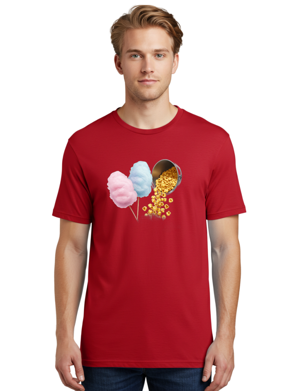 Caramel-Popcorn-And-Cotton-Candy Men'S Graphic Tee, 100% Cotton, Comfortable Casual Summer Wear, Machine Washable, Cotton Candy, Caramel Popcorn, Sweet Treats, Fair Food, Party Snacks, Tasty Delights, Fluffy Cotton Candy, Sticky Caramel, Bac782