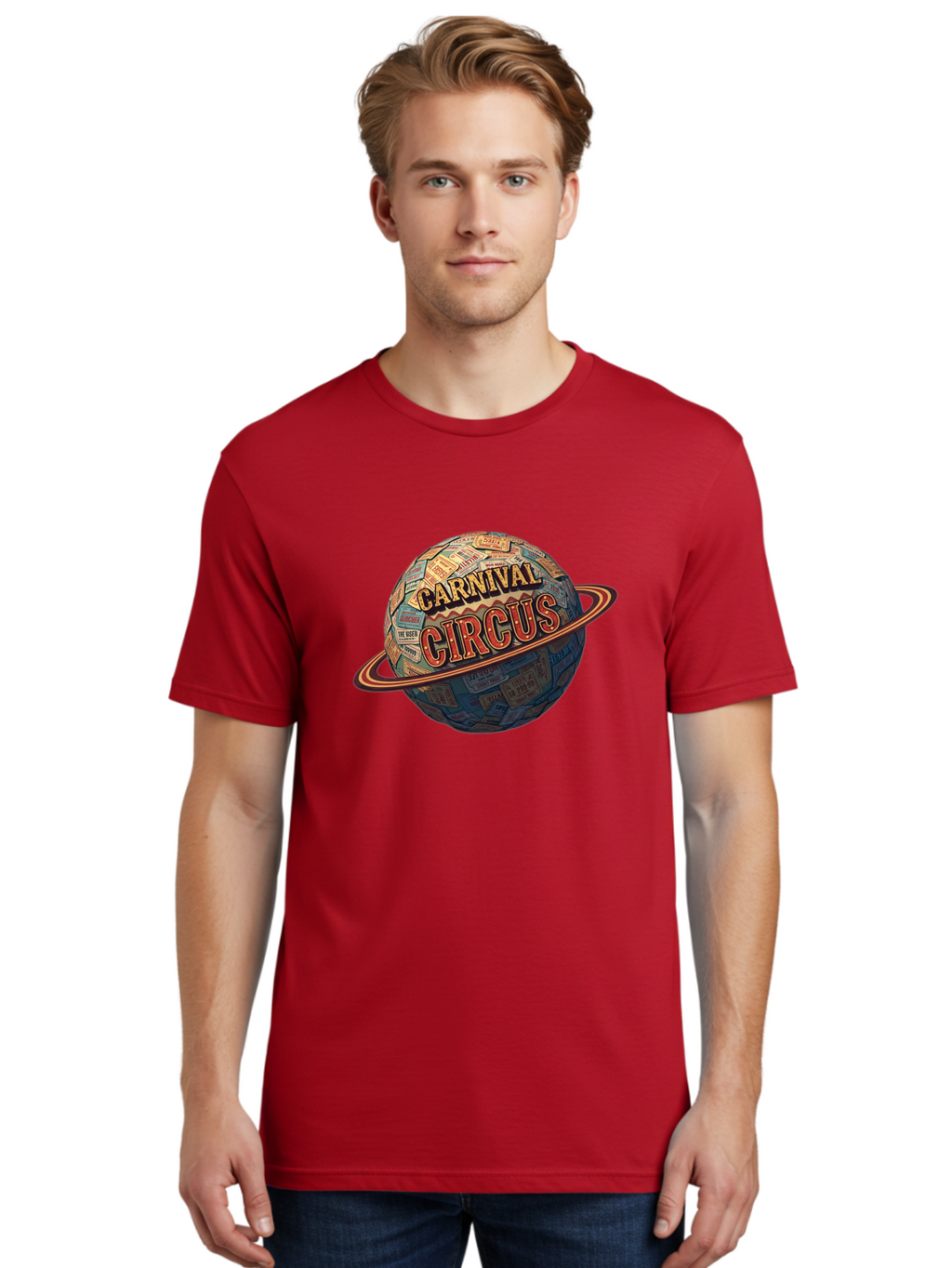 Carnival-Circus-1 Men'S Graphic Tee, 100% Cotton, Comfortable Casual Summer Wear, Machine Washable, Carnival Circus, Earth With Ring, Vintage Posters, Global Celebration, Festive Atmosphere, Entertainment, Travel, Adventure, Event Promotion Bac783
