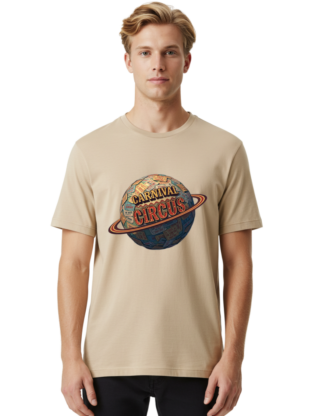 Carnival-Circus-1 Men'S Graphic Tee, 100% Cotton, Comfortable Casual Summer Wear, Machine Washable, Carnival Circus, Earth With Ring, Vintage Posters, Global Celebration, Festive Atmosphere, Entertainment, Travel, Adventure, Event Promotion Bac783