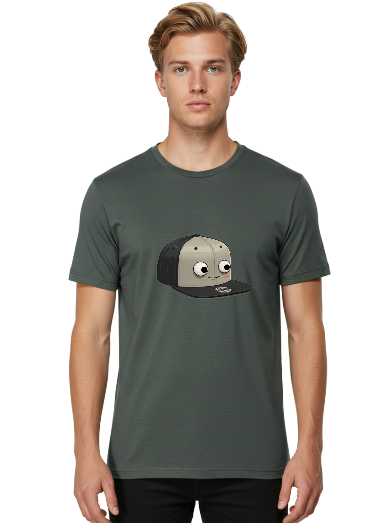 Cartoon-Baseball-Cap Men'S Graphic Tee, 100% Cotton, Comfortable Casual Summer Wear, Machine Washable, Funny Cartoon Baseball Cap, Cartoon Character Design, Smiling Face, Animated Hat, Digital Illustration, Playful Accessory, Bac787